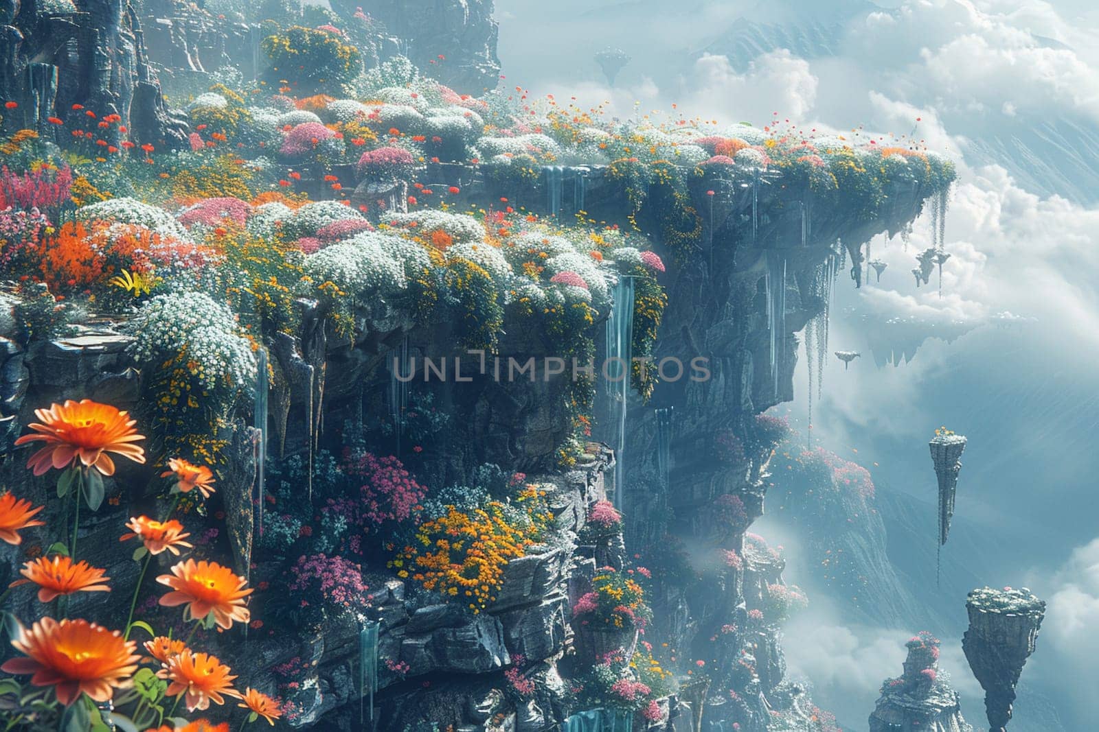 Alien landscape with floating rocks and vibrant flora, rendered in a surrealistic and imaginative style.