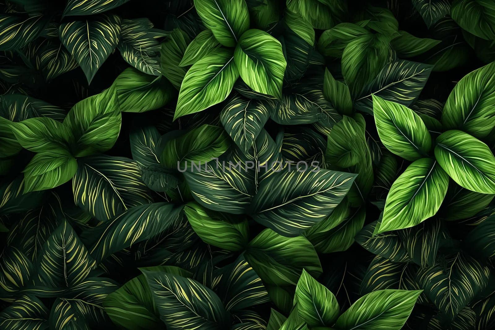 A close up of green leaves with a dark background. The leaves are very thick and have a shiny, almost glossy appearance. Concept of depth and richness