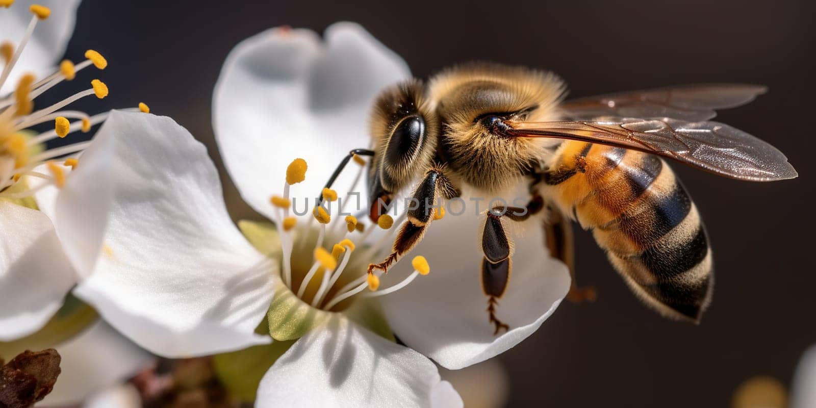 Close-up of a bee collecting pollen on a white flower with blurred background
