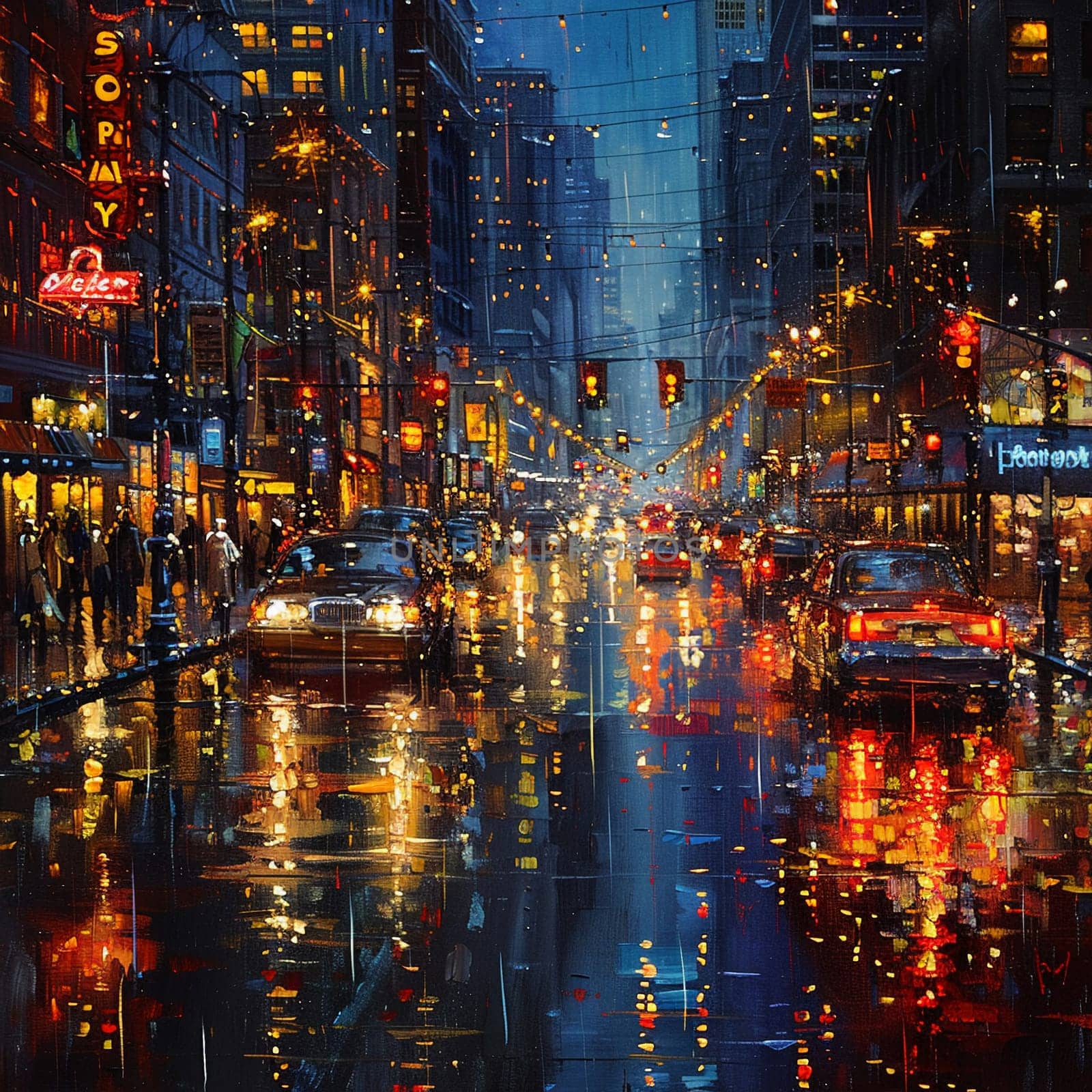 Rain-slicked urban street captured in glossy oil paints, highlighting reflective surfaces and city lights.