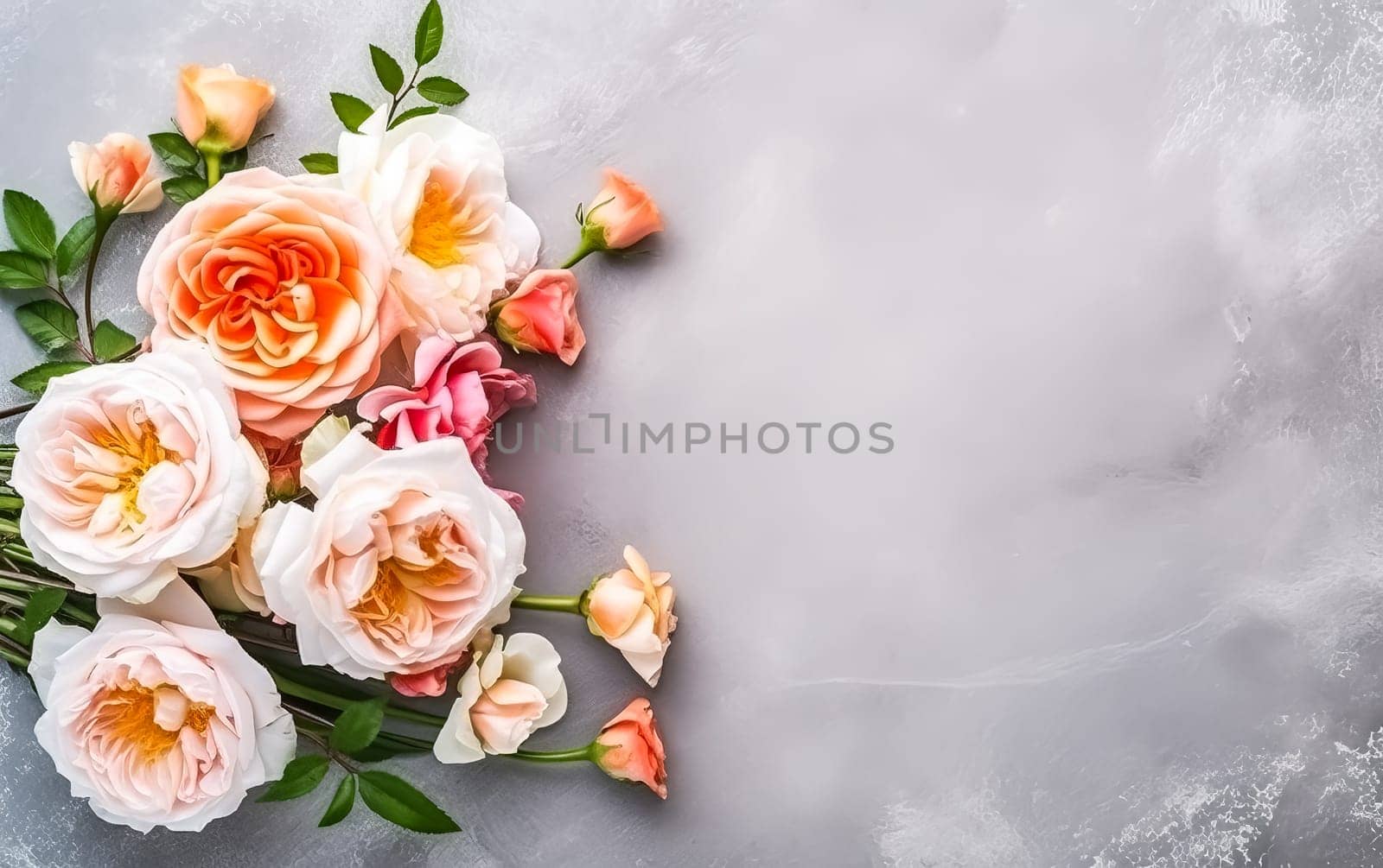 A bouquet of pink flowers is arranged on a grey background. by Alla_Morozova93