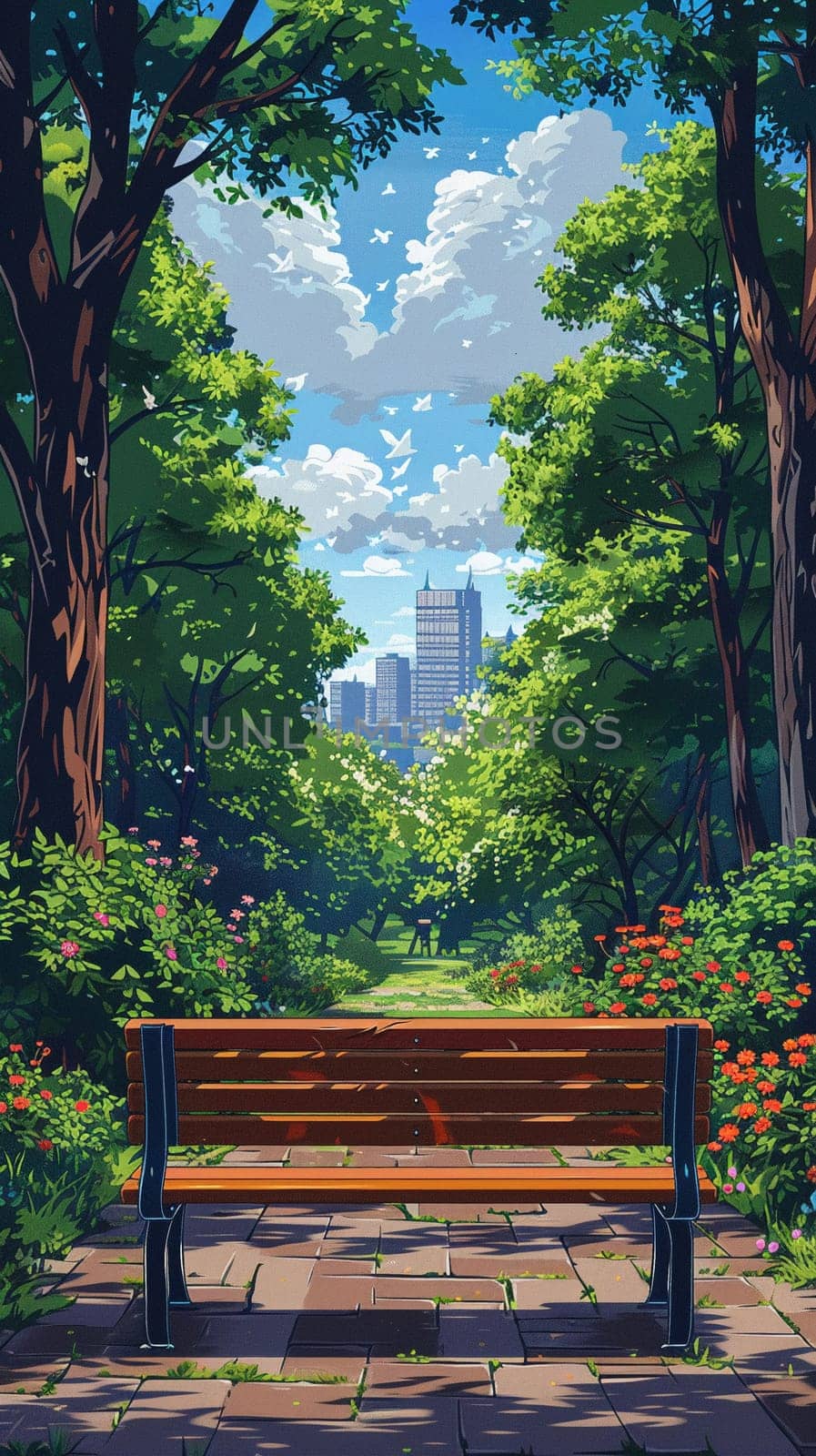 City bench moment depicted in minimalistic style, with flat colors and clean lines.