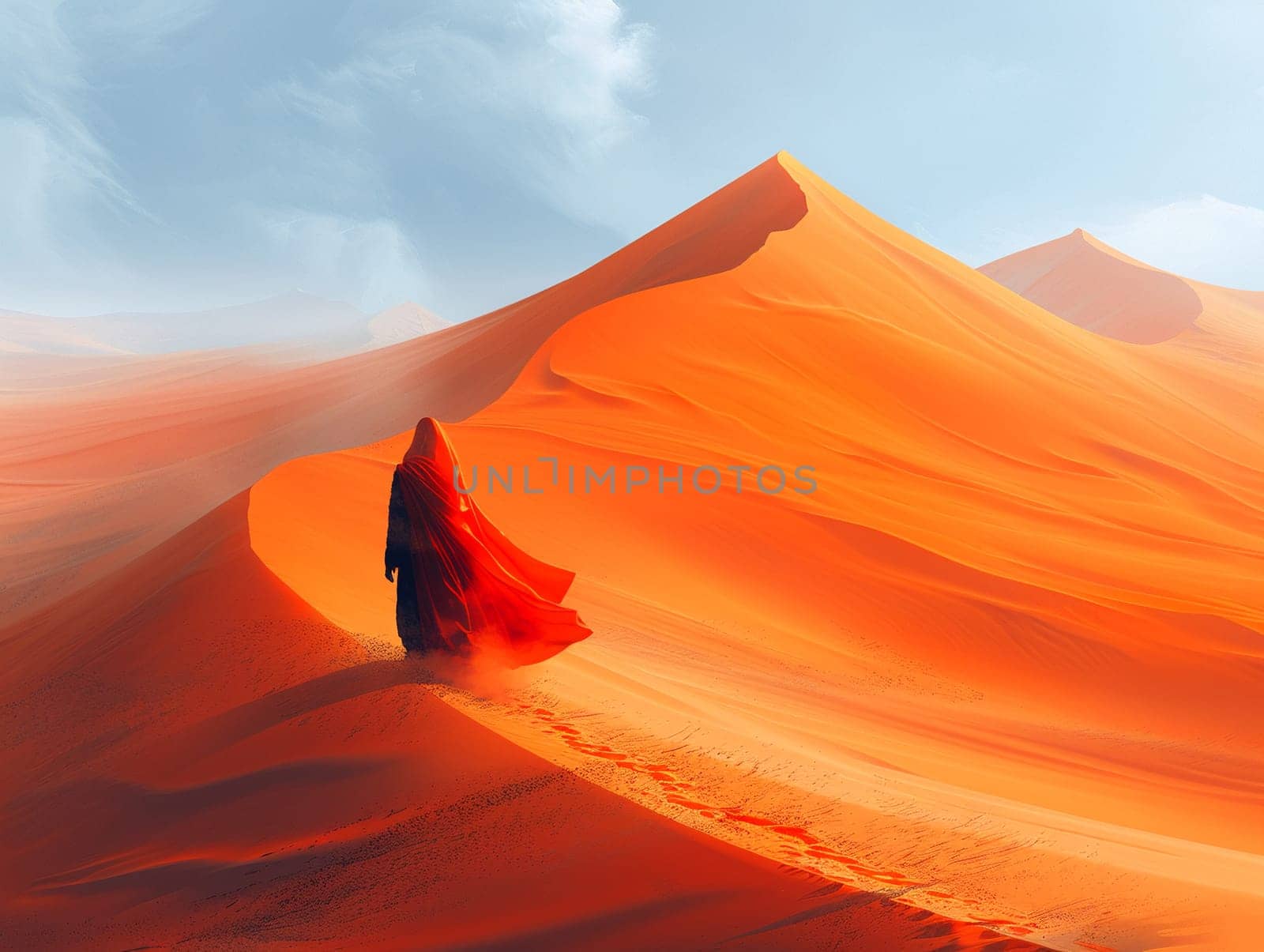 Desert nomad's silhouette against a vast dune, rendered in a minimalist style with an endless horizon.