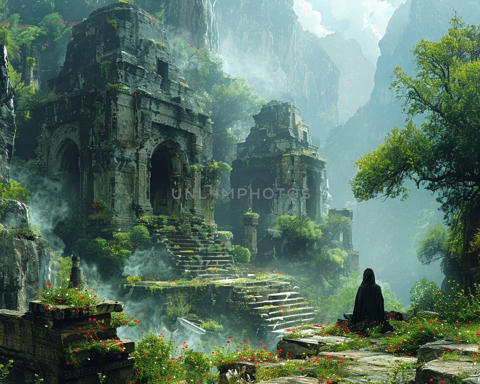 Character lounging amidst ancient ruins, enveloped by the whisper of bygone eras.