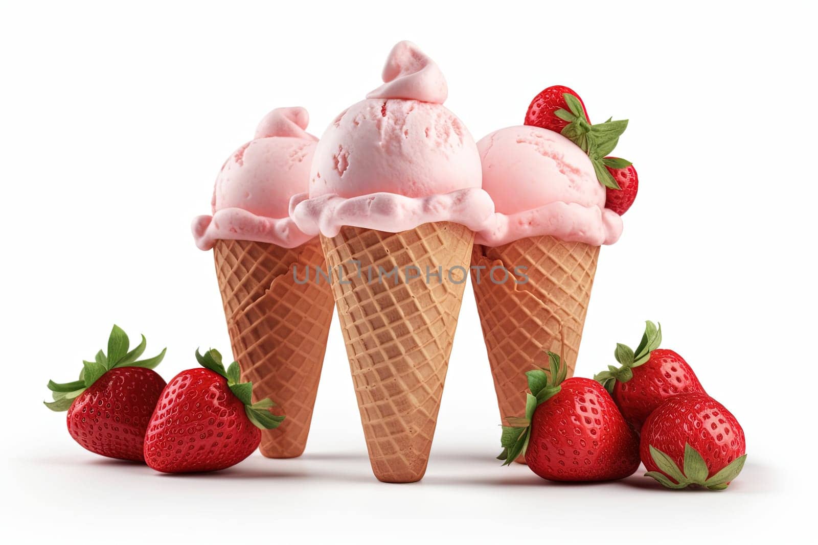 Ice cream with strawberries isolated on a white background, 3d render