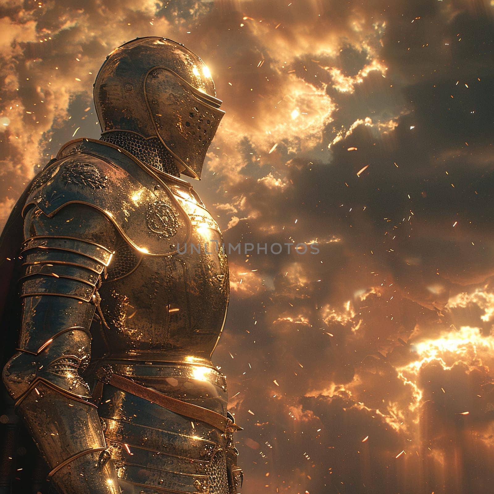 A knight's shining armor detailed in a 3D render, reflecting a tumultuous sky and a looming battle.