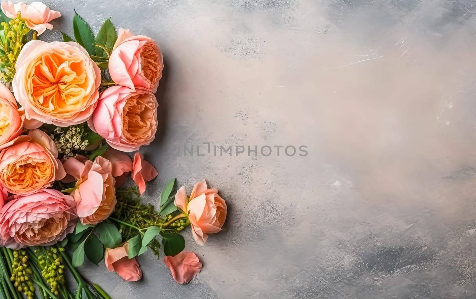 A bouquet of pink flowers is arranged on a grey background. by Alla_Morozova93