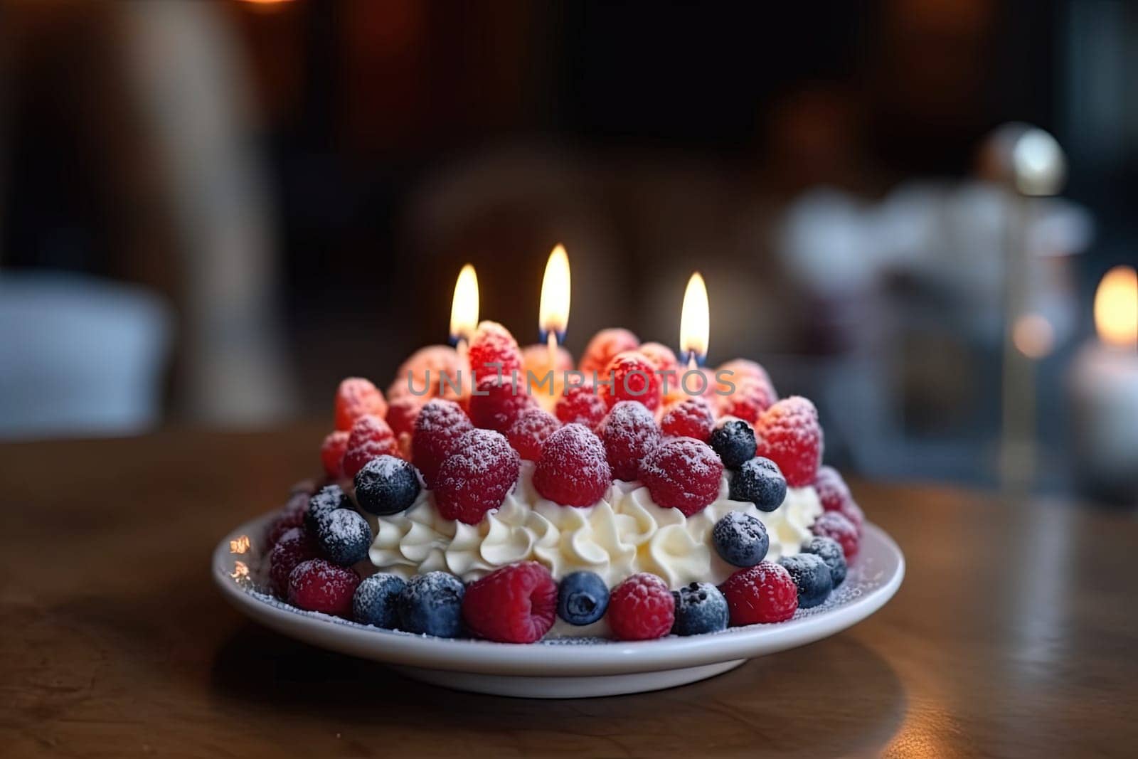 Close-up shot of a small cake with assorted berries and candles on a plate on the table with a blurred background
