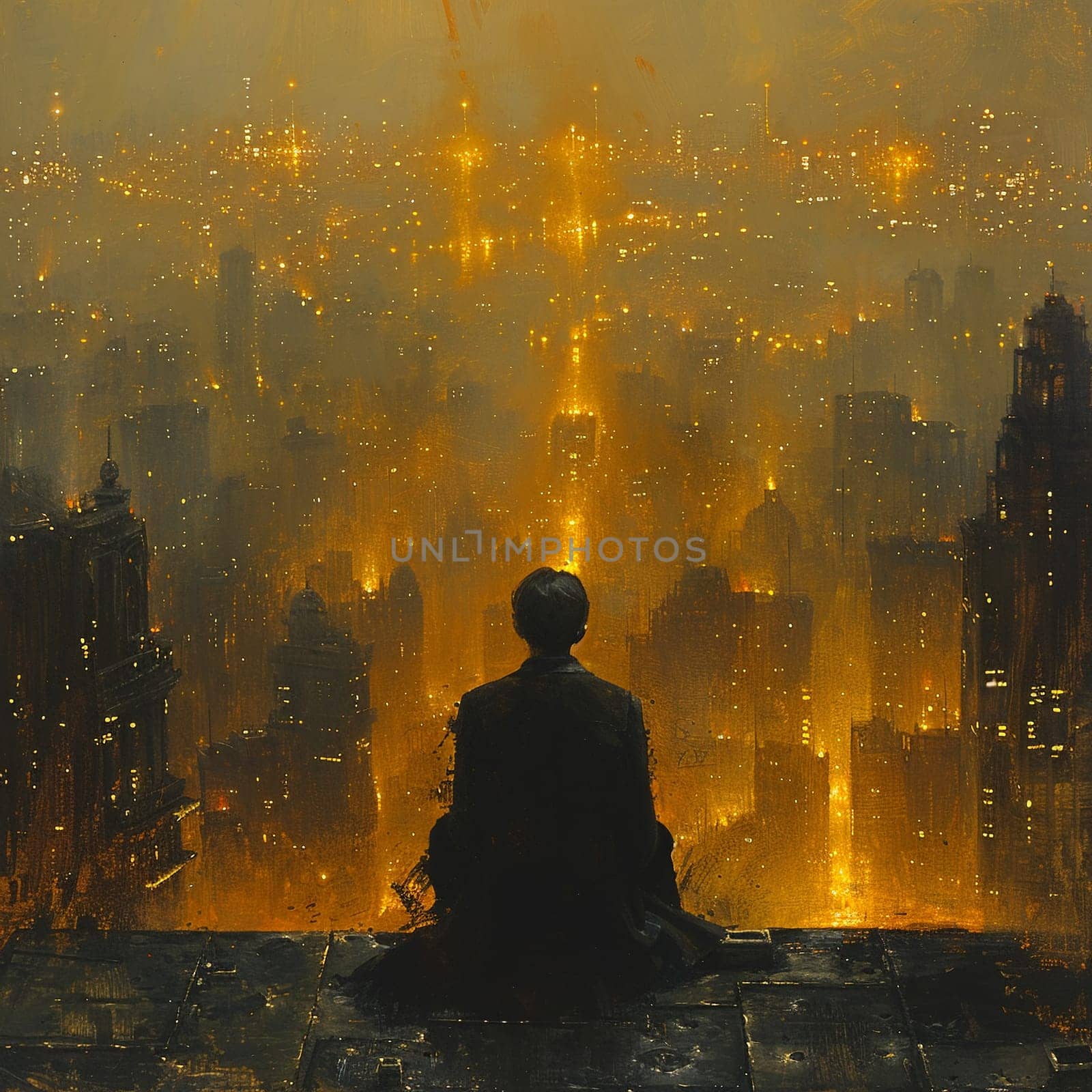 A pensive moment as a figure is framed by the amber wash of a city at dusk. by Benzoix