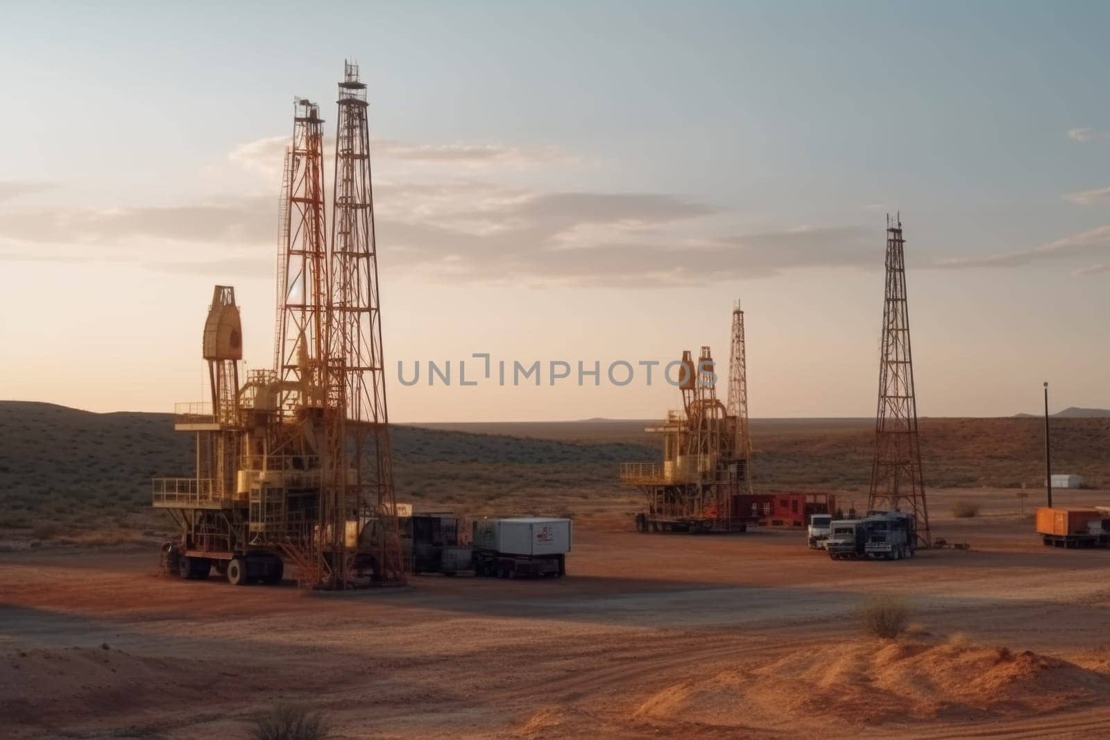 Image capturing the industrial might of oil drilling rigs against the backdrop of a vast, sandy desert under a clear sky.