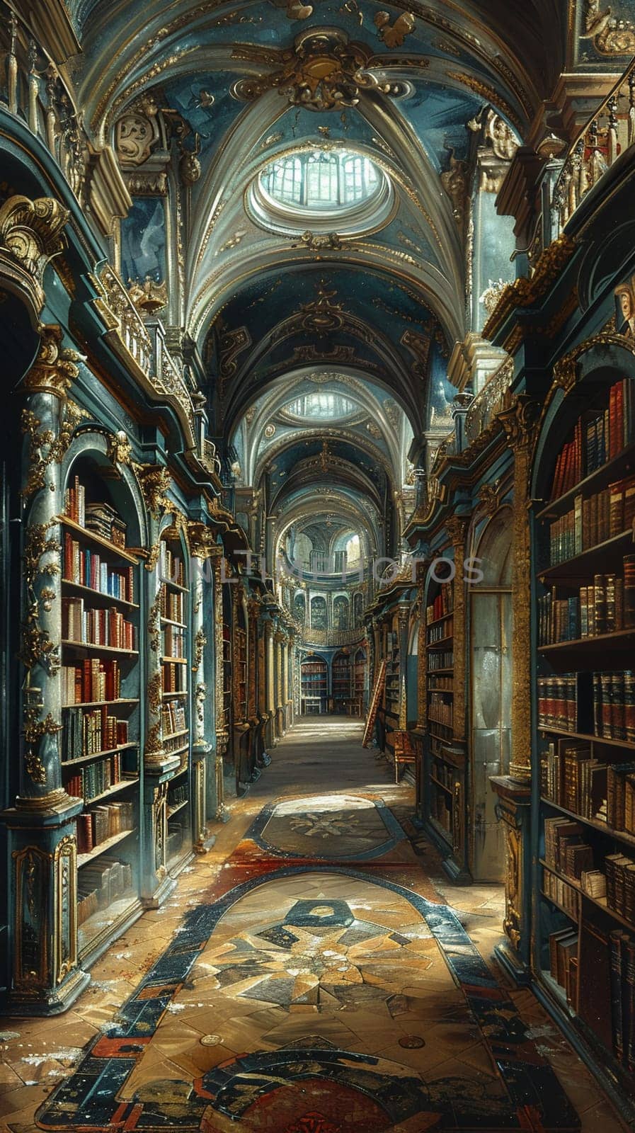 Ancient library scene rendered in a Renaissance painting style by Benzoix