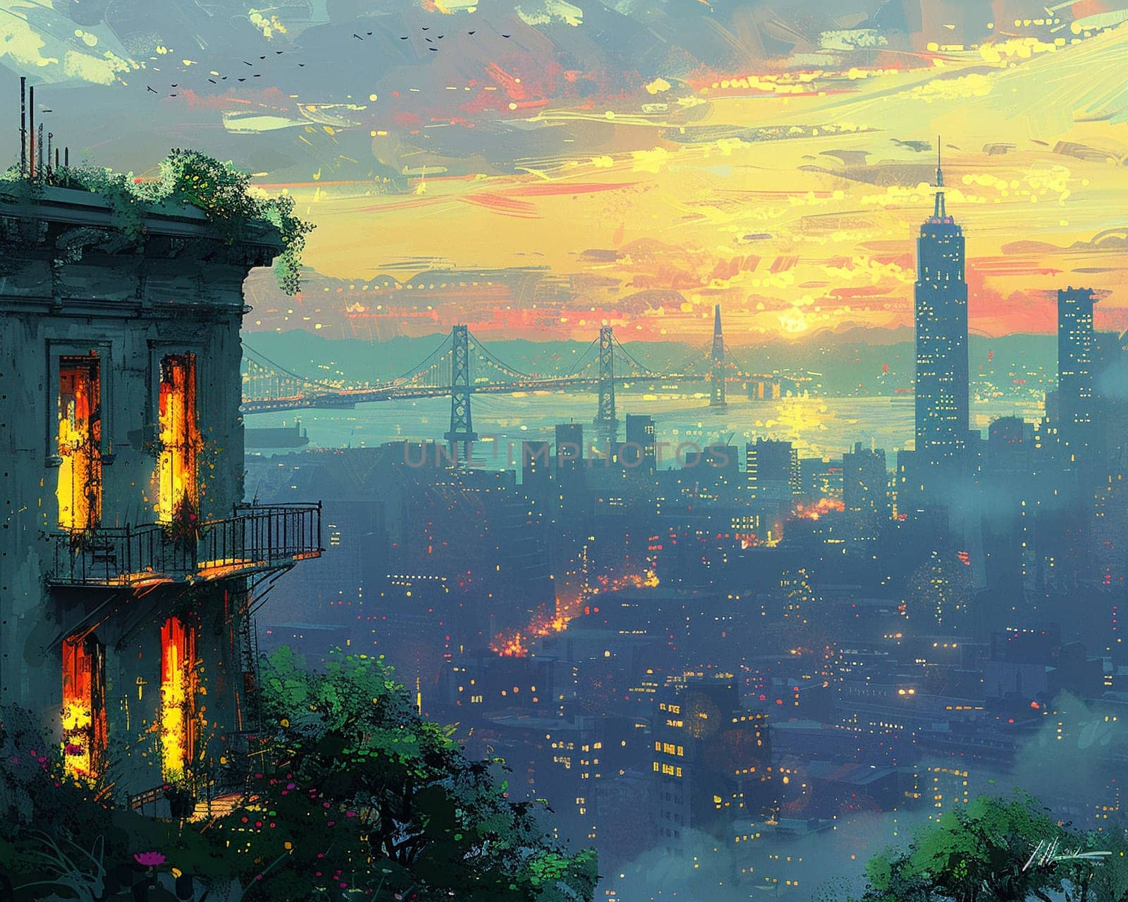 City overlook rendered in an expressive painterly style by Benzoix