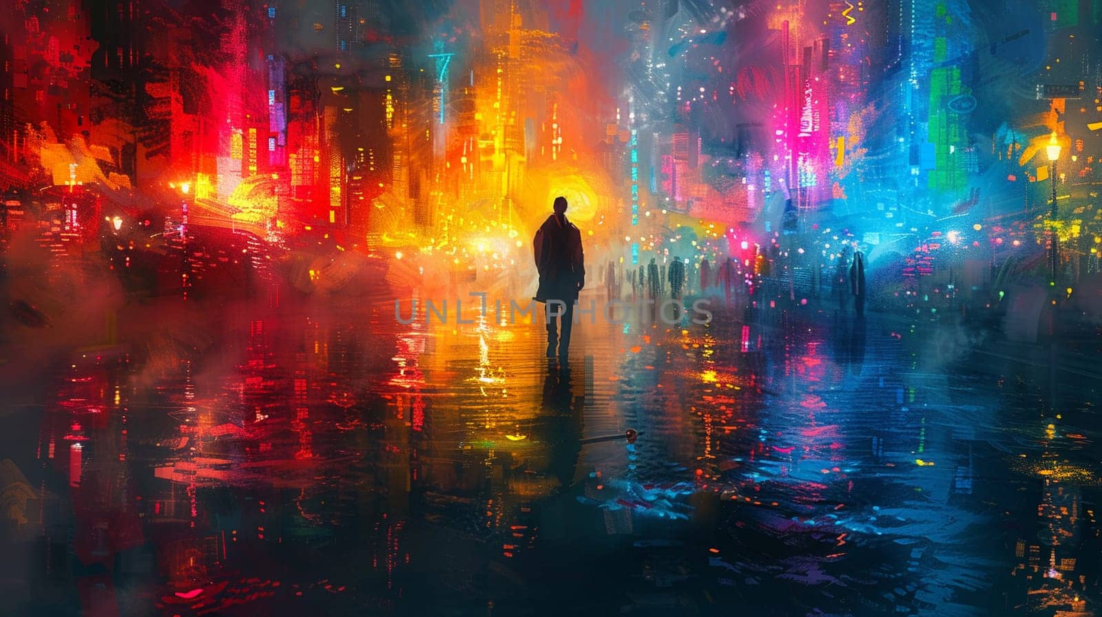 Vibrant digital painting of a figure navigating through neon-lit streets, reflecting the pulse of city life.