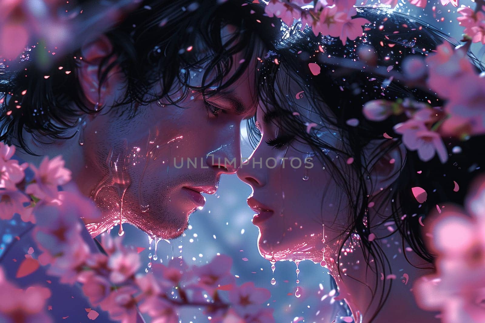 Intimate moment under cherry blossoms, illustrated in a soft, romanticized anime style.