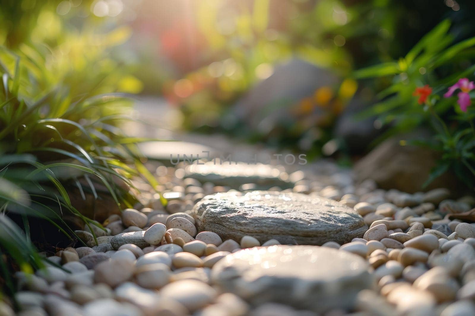 This image captures the tranquil essence of a serene garden, with a stone pathway leading through lush greenery and vibrant flowers, ideal for mindfulness themes.