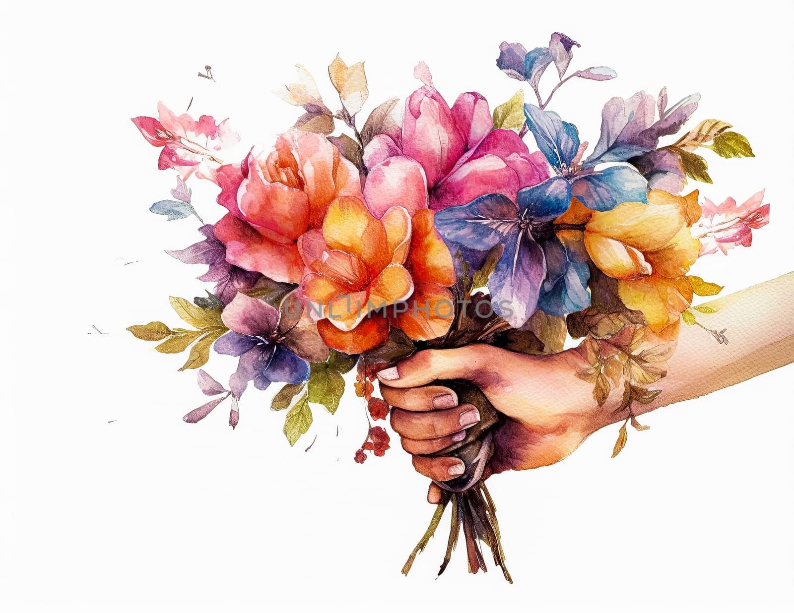 A hand holding a bouquet of flowers with a blue and yellow flower in the middle. The flowers are arranged in a way that they look like they are being held by a person. Concept of warmth and love