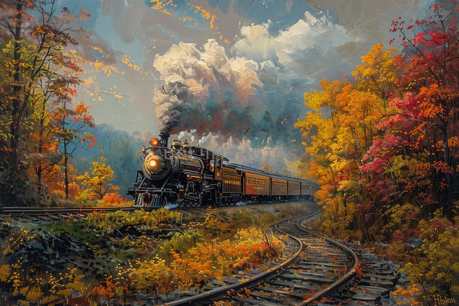 Vintage train puffing through a scenic landscape, painted in an impressionist style with a touch of romance.