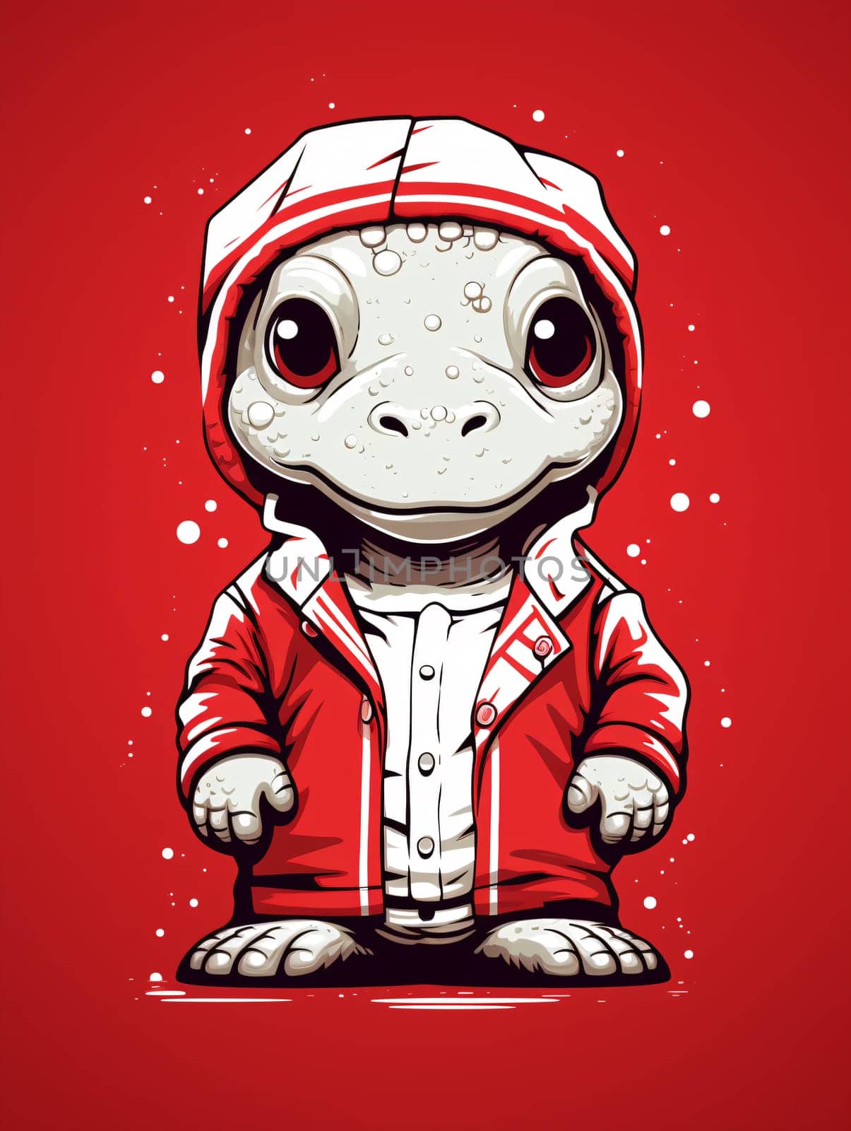 cute cartoon crocodile character wearing a stylish red hoodie, set against a vibrant red background with decorative white speckles - Generative AI