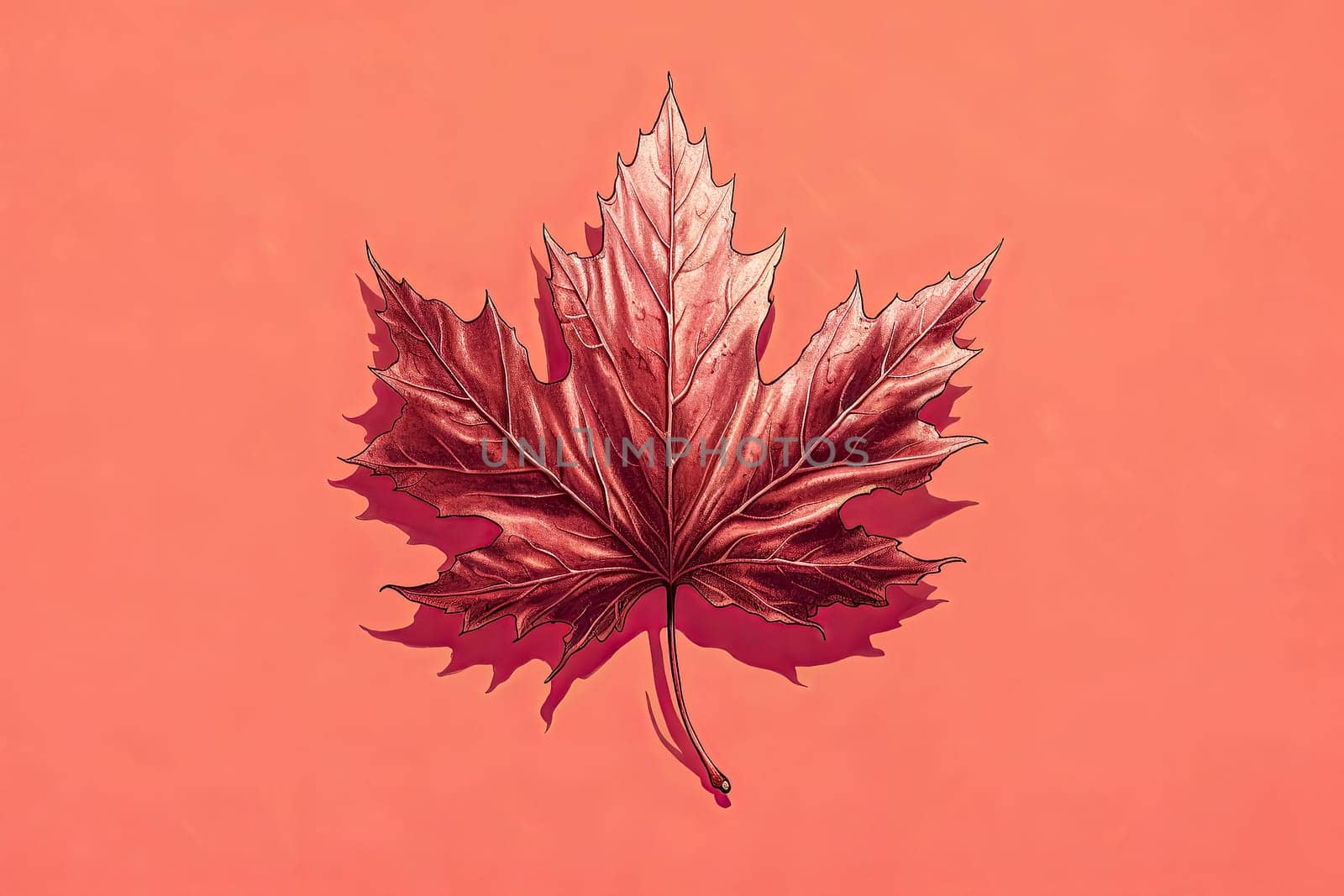A leaf with a red stem and veins. The leaf is on a brown background. The leaf is the main focus of the image
