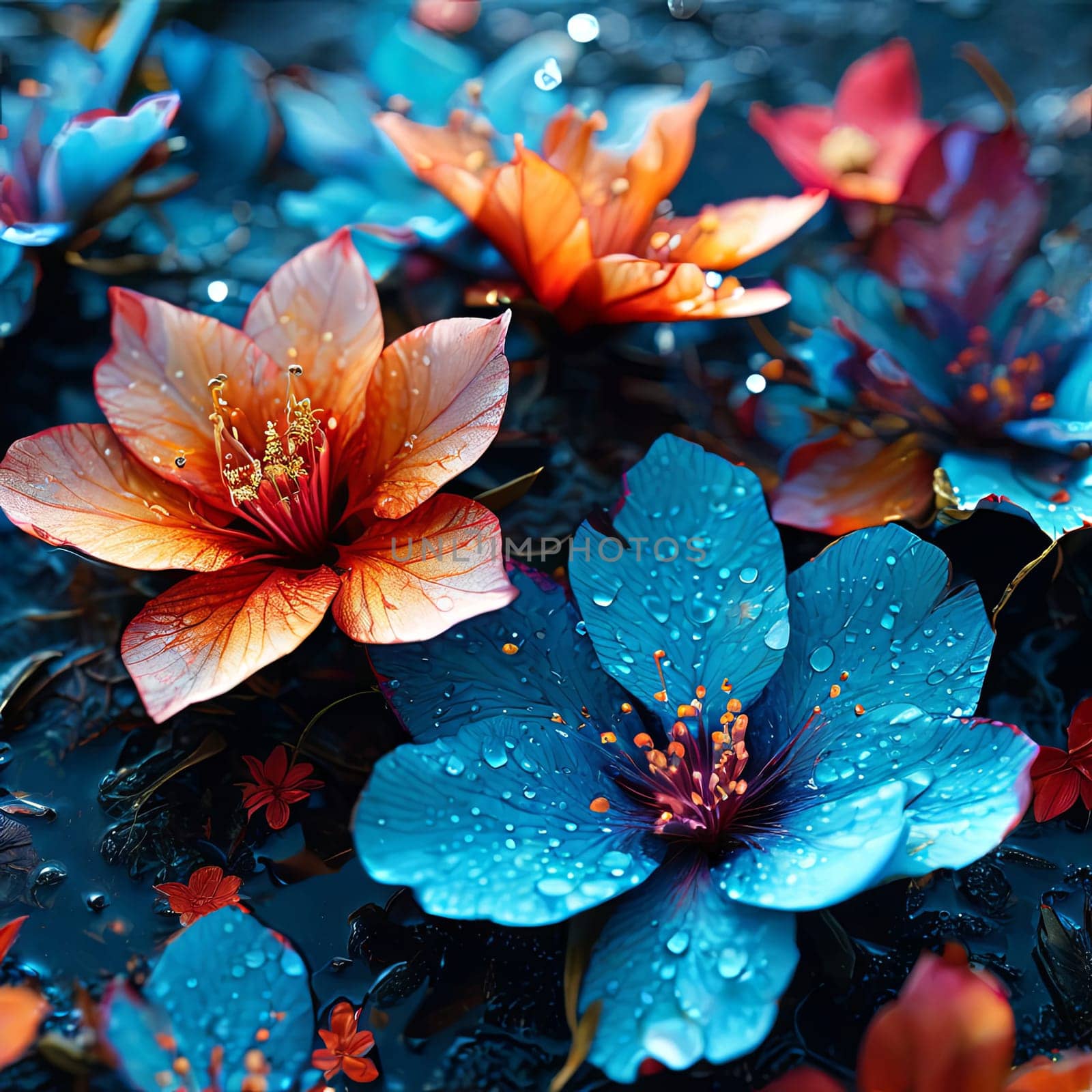 Colorful flowers adorned with glistening water droplets. Shimmering droplets create visually striking, captivating composition.For interior design, textile, clothing, gift wrapping, web design, print. by Angelsmoon