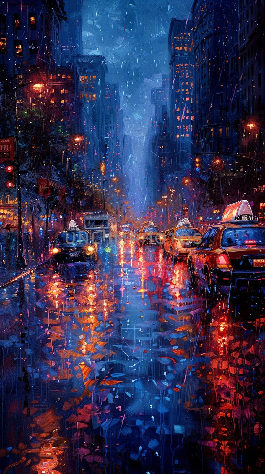 Rain-slicked urban street captured in glossy oil paints, highlighting reflective surfaces and city lights.