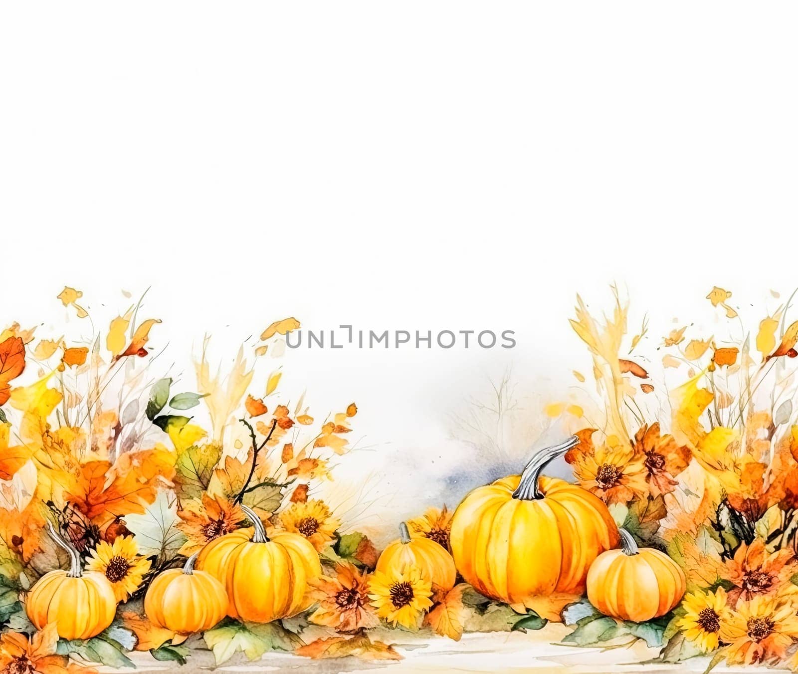 A painting of pumpkins and leaves with a white background. The painting has a warm and inviting mood, with the bright colors of the pumpkins and leaves creating a sense of autumn