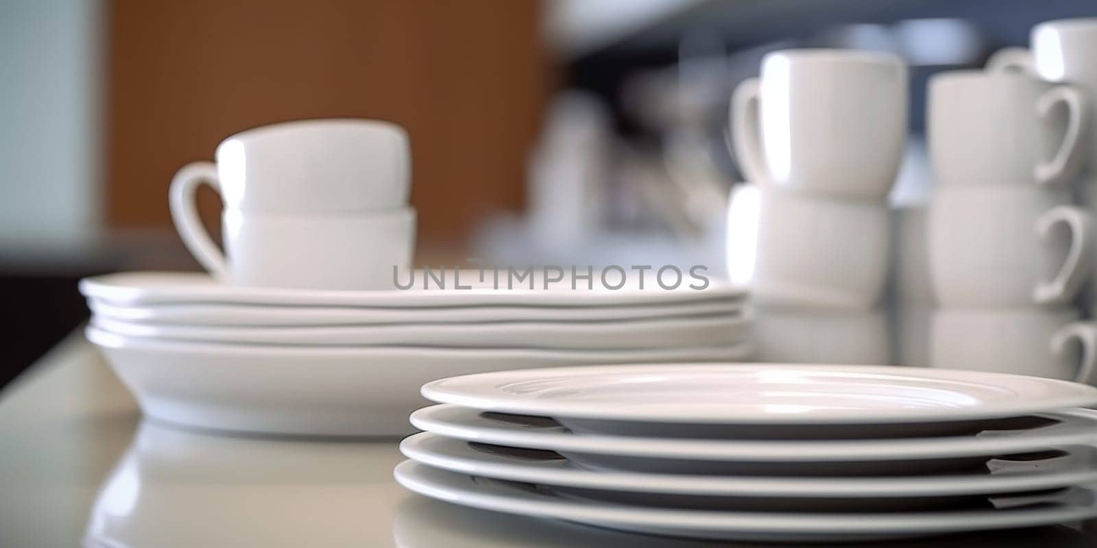 Clean white plates and cups in a kitchen of cafe