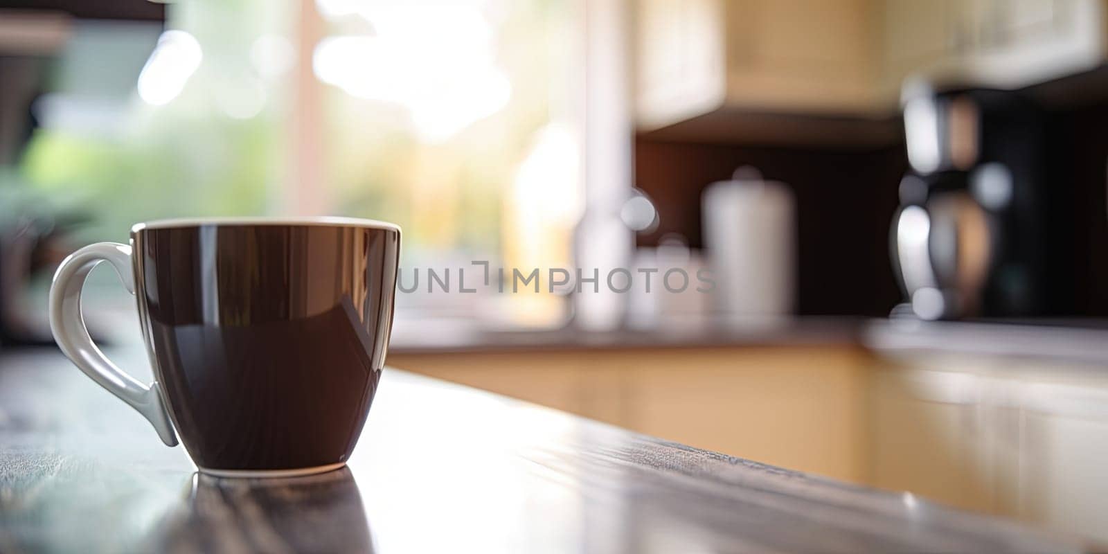 Fresh aromatic coffee in a cup on in kitchen in the morning