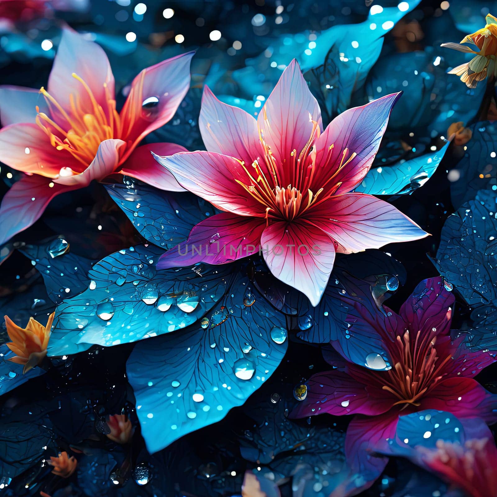 Colorful flowers adorned with glistening water droplets. Shimmering droplets create visually striking, captivating composition. For interior design, textile, clothing, gift wrapping, web design, print