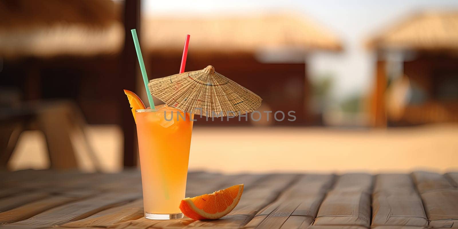 Close-up shot of a tropical cocktail with a sunset by GekaSkr