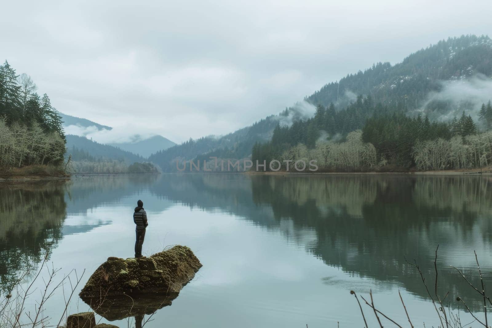 A photographer stands at the edge of a peaceful lake, camera on tripod, capturing the stillness of water and the quiet mood of a foggy landscape.