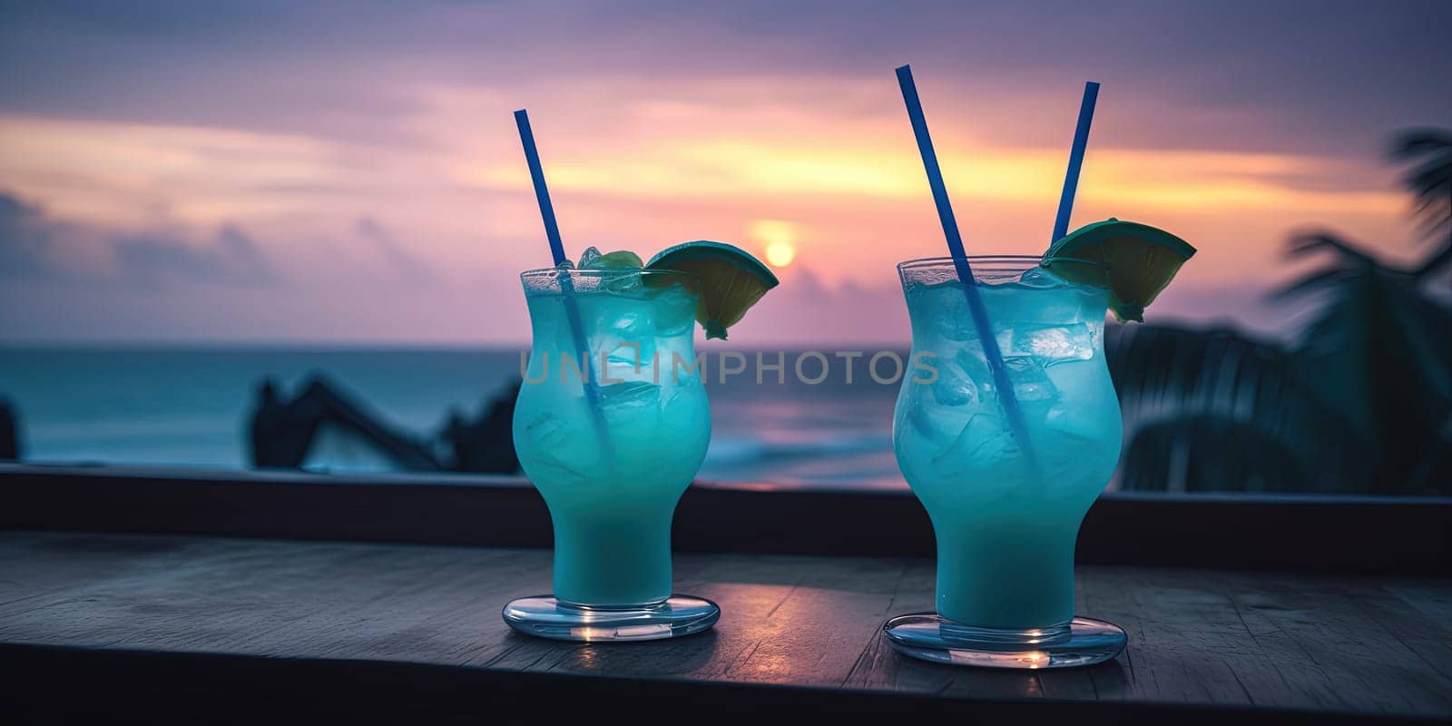 Two blue neon cocktails with alcohol, lemon and ice on a cafe table on a beach at sunset