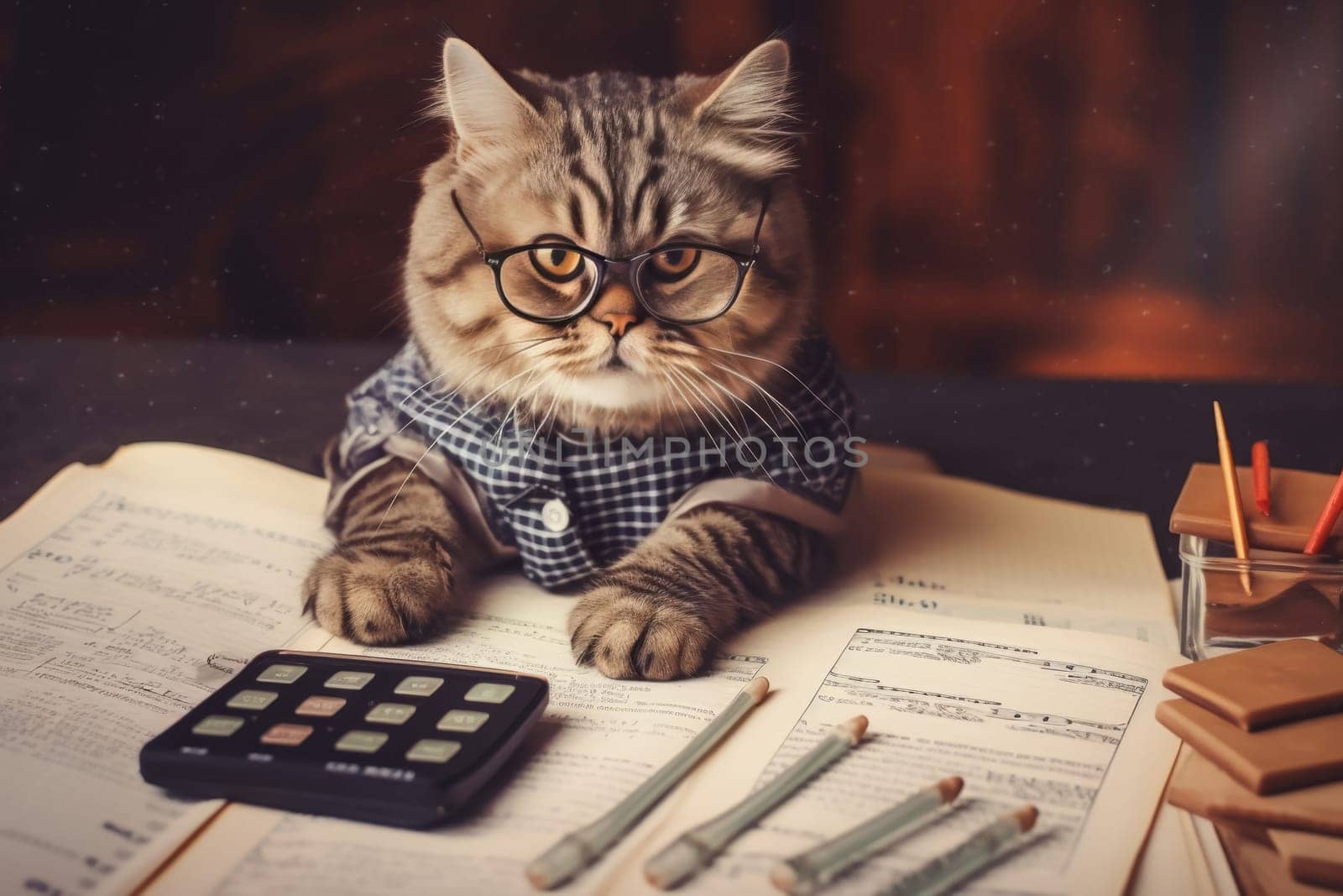 A charming tabby cat with striking glasses sits at a wooden desk, ledger book open, as it humorously pretends to manage finances, invoking a sense of meticulous budgeting with a whimsical twist