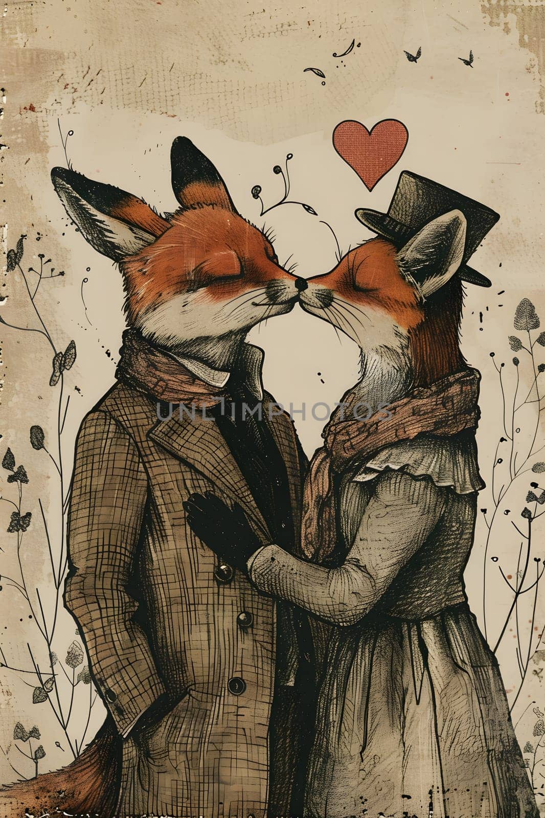 A creative arts painting of two fictional foxes kissing under a heart, showcasing the artists illustration and drawing skills in visual arts
