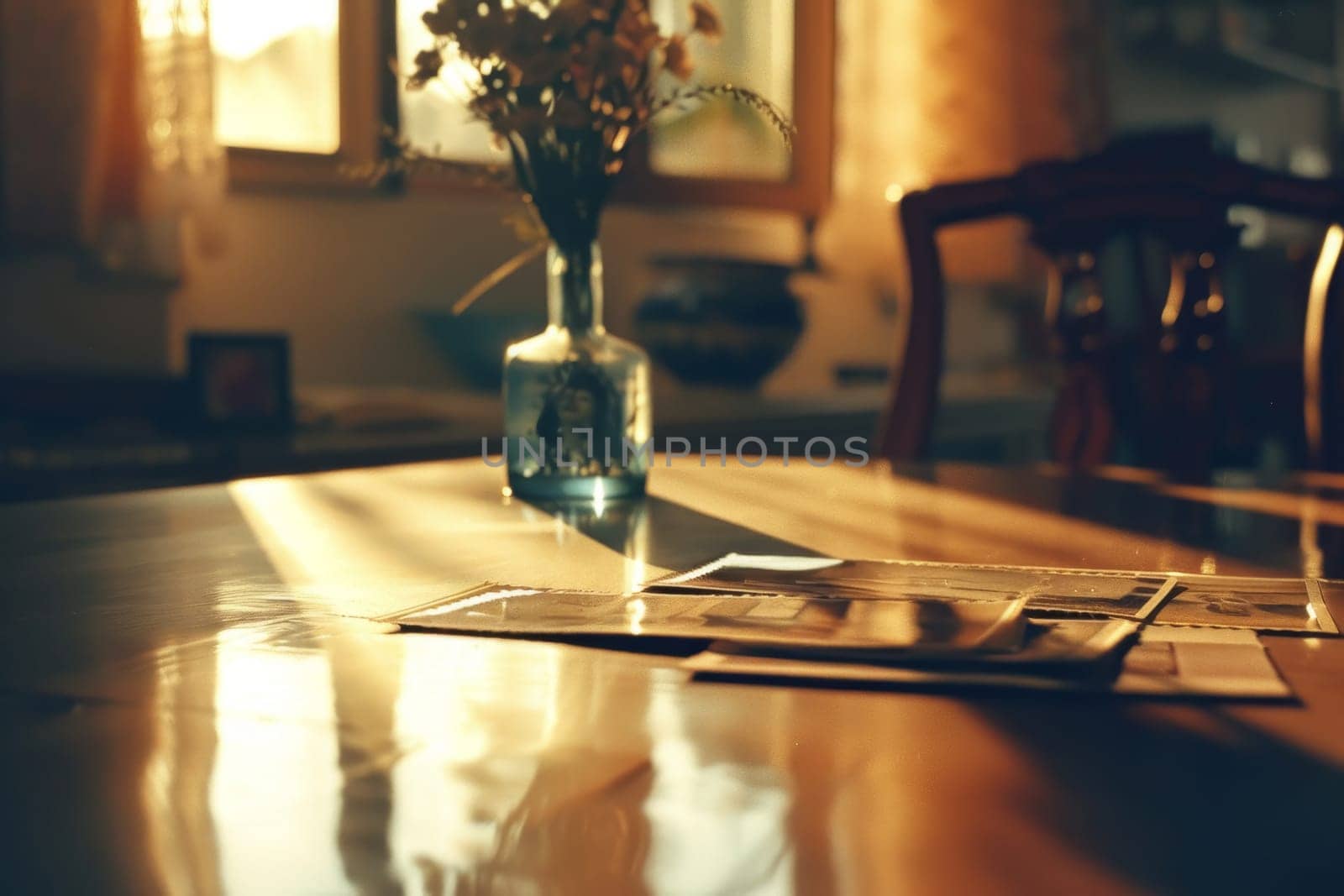 A nostalgic scene with vintage photographs spread on a table, bathed in the warm, golden light of a setting sun peeking through a cozy room's window.