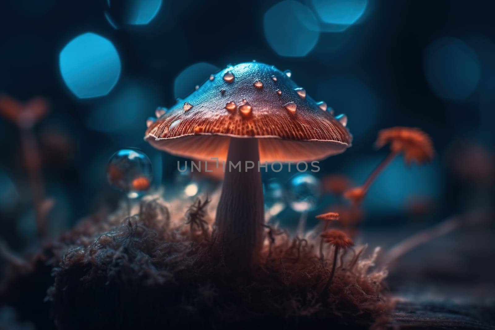 Neon illustration of magic mushrooms close-up with drops of water glowing at night in mystical forest