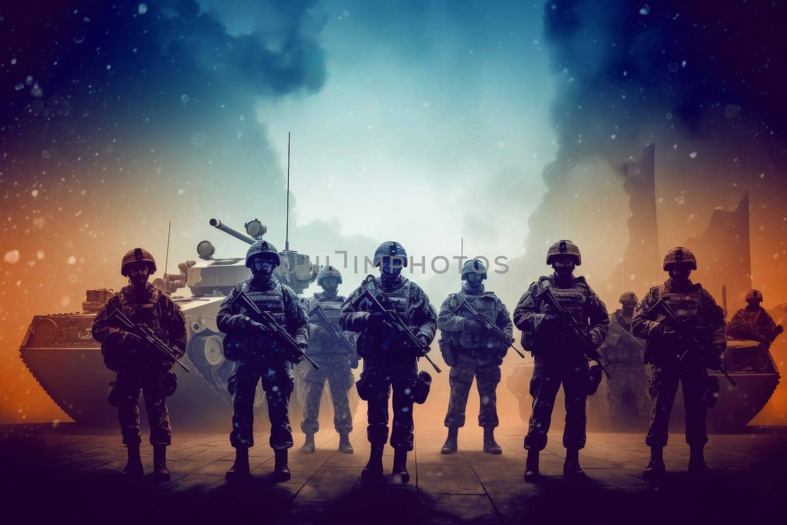 An illustrative image of NATO soldiers in formation with military tanks, under a symbolic background, representing defense readiness and strategic forces.