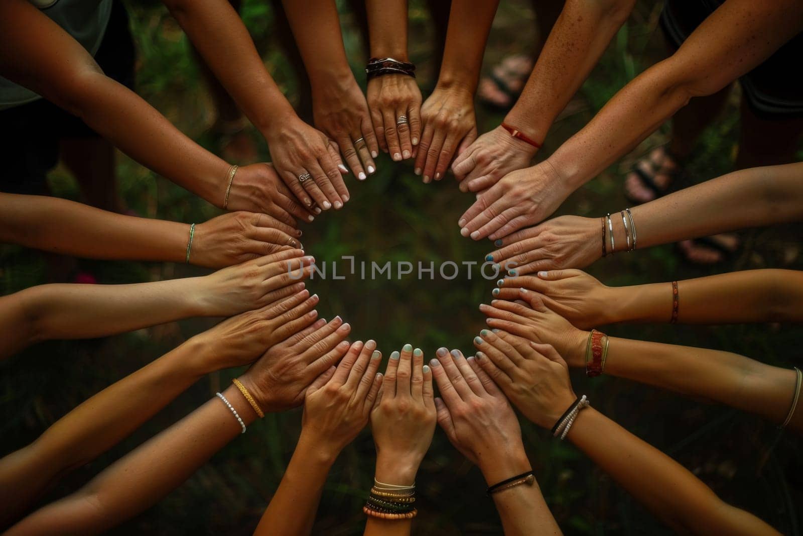 Overhead view captures a diverse group of hands joined together, symbolizing unity and the strength of togetherness.
