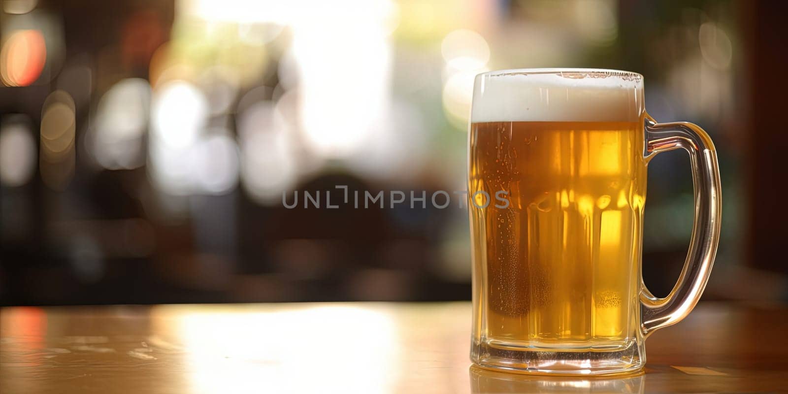 Mug of beer with foam in a bar with blurred background