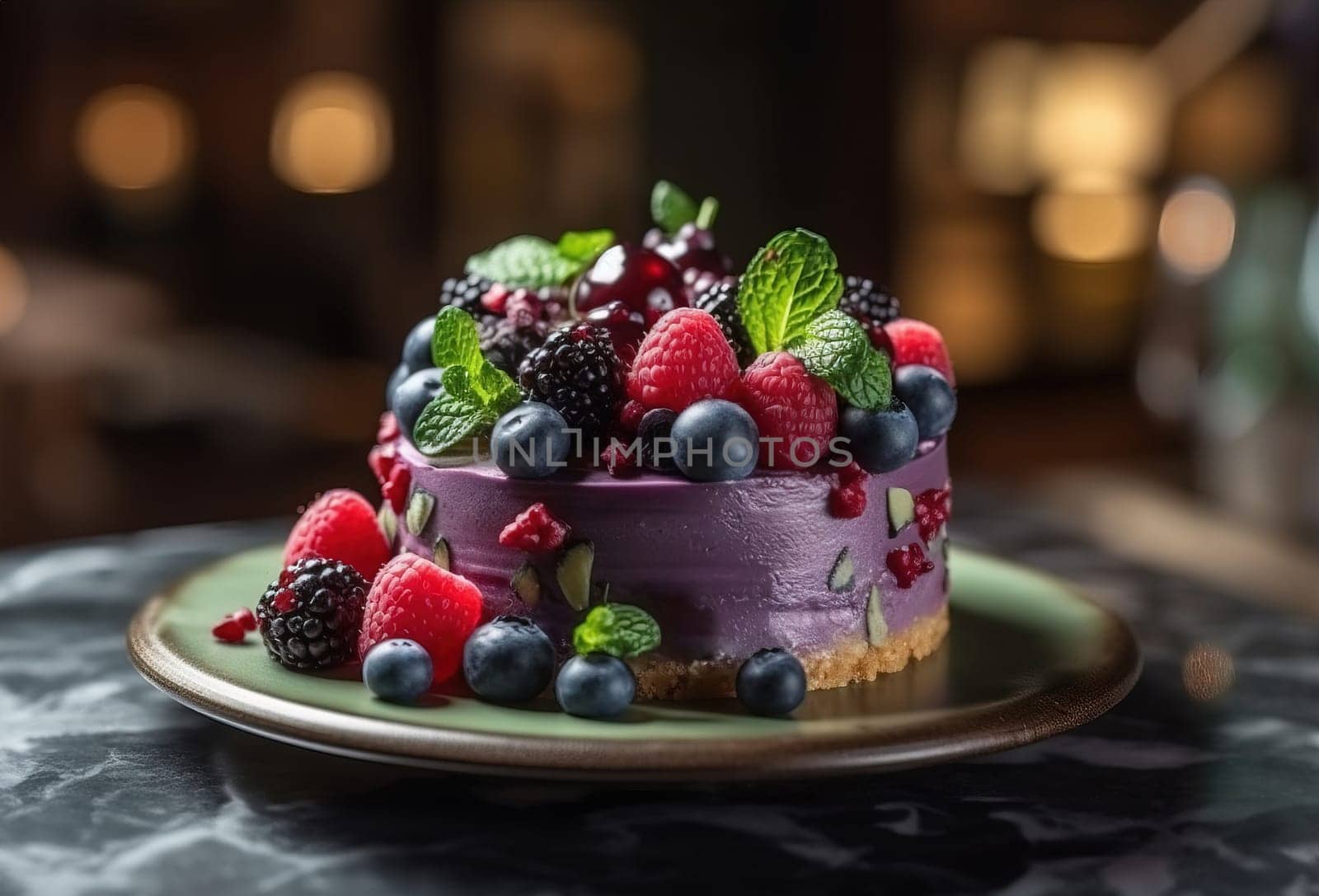 Close-up shot of a small cake with assorted berries on a plate on the table with a blurred background