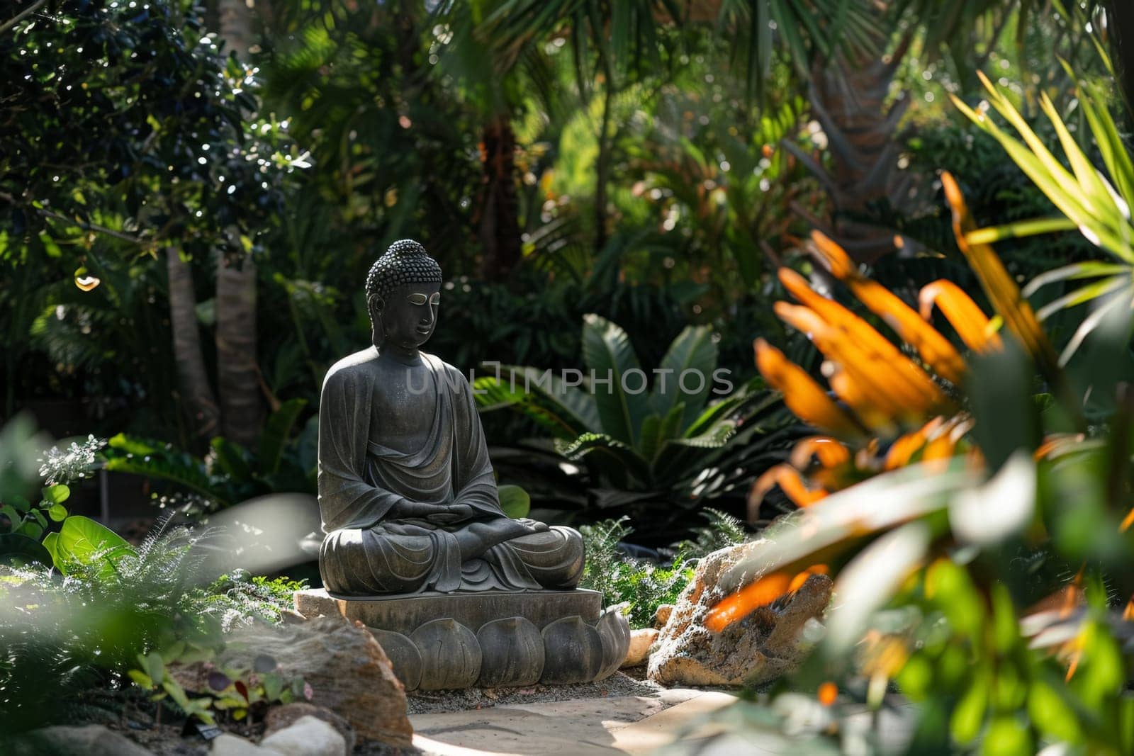 A tranquil Buddha statue sits in a meditative pose amidst a Zen garden, bathed in the golden light of sunset