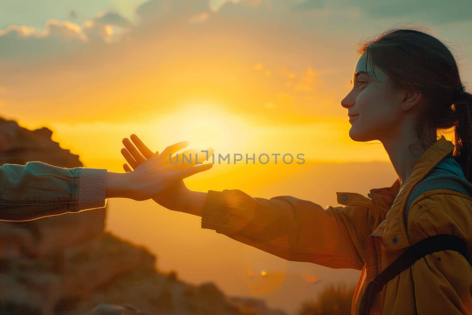 An emotive image depicting one person extending a hand to another against a sunset, symbolizing companionship and support.