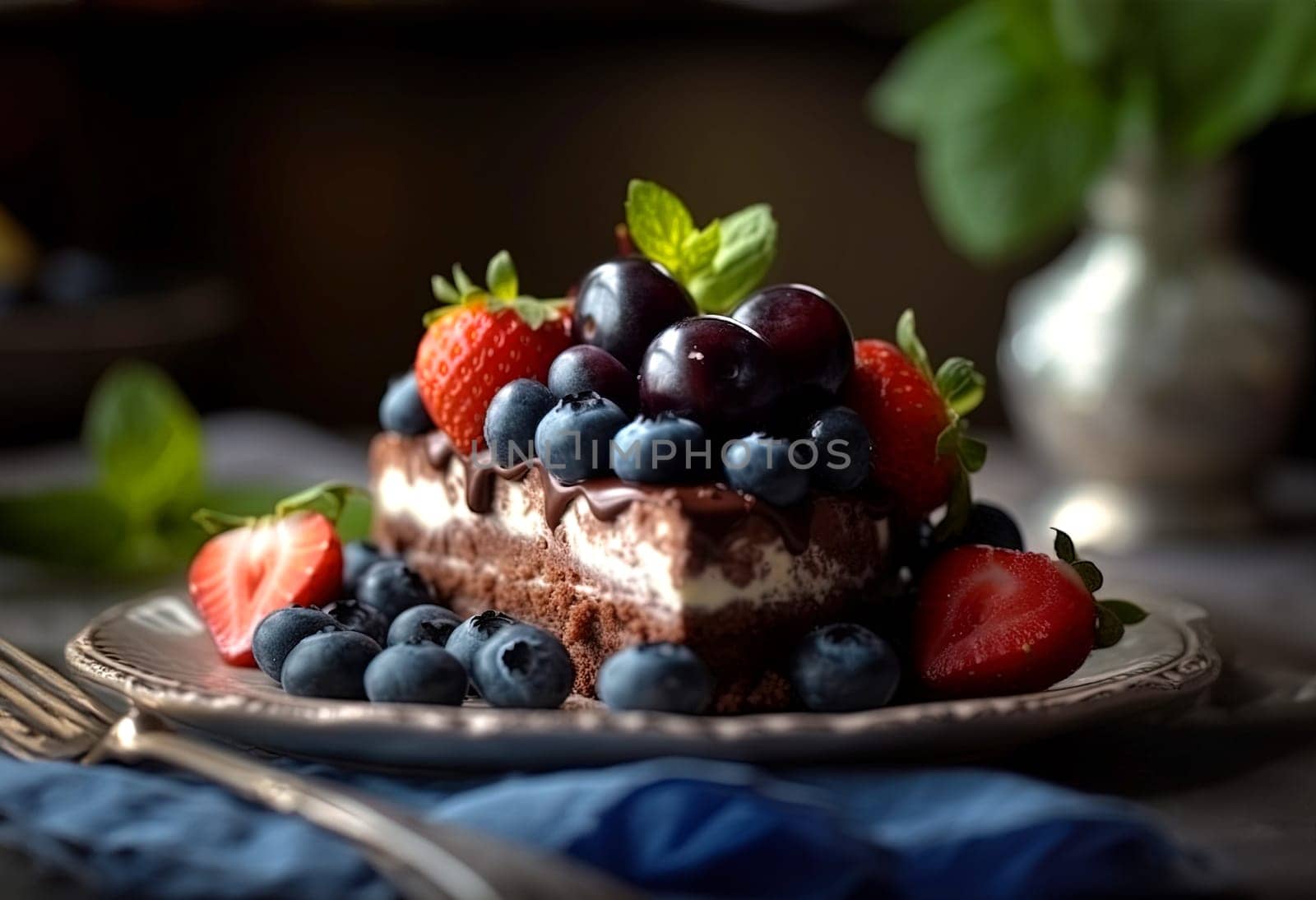 Close-up view of a slice of cake with assorted berries on a plate, ready to eat, on the table with a blurred background