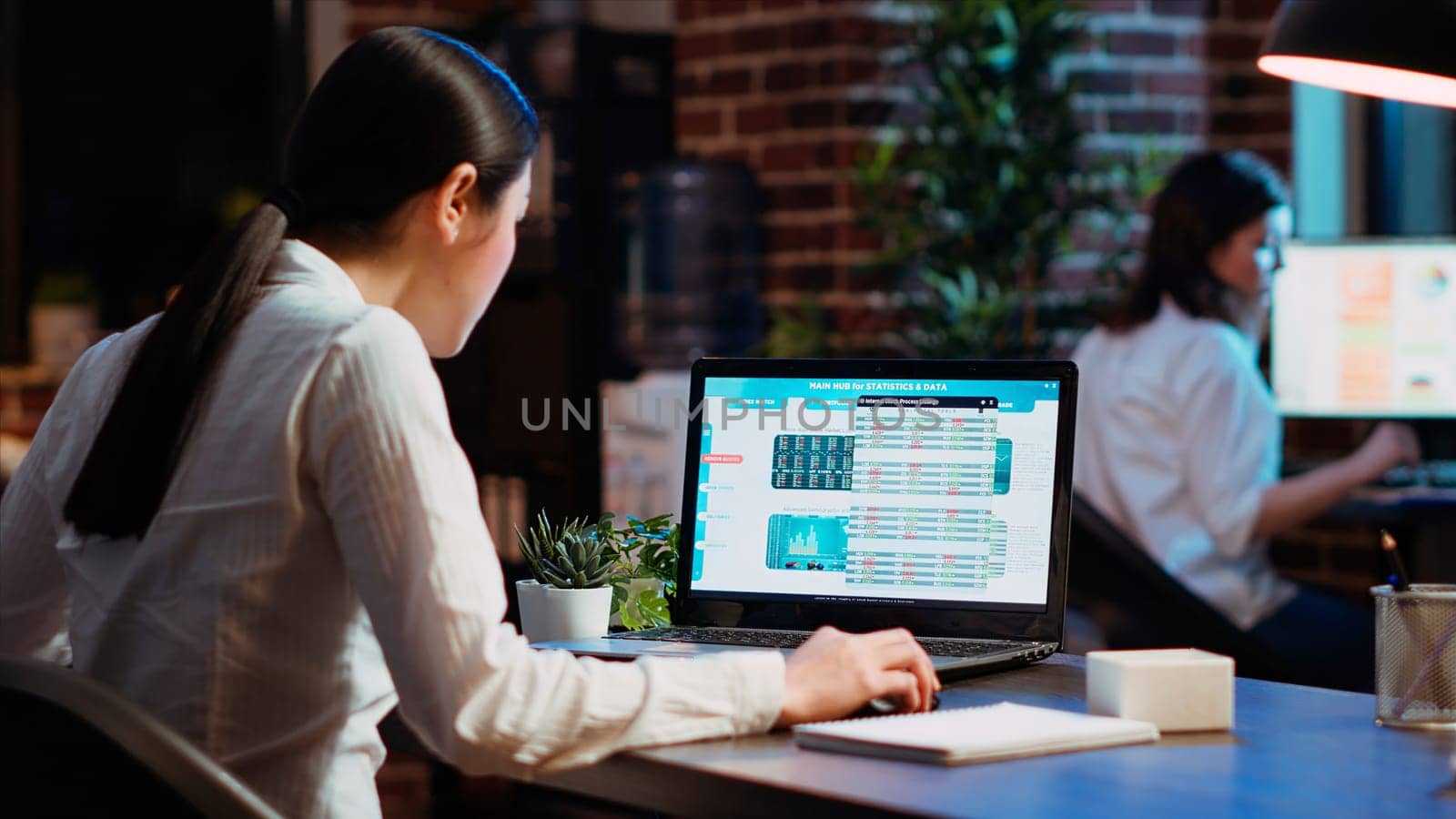 Worker looks over statistical data financial graphs on laptop screen, researching key data for company project. Businesswoman analyzing stock market figures and charts on electronic device, camera B