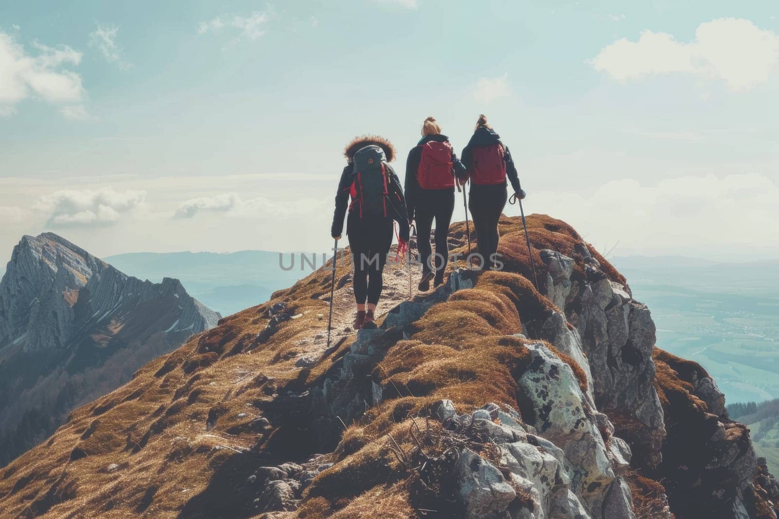 A group of friends reach the summit of a rugged mountain peak under a clear blue sky, showcasing the spirit of adventure and teamwork