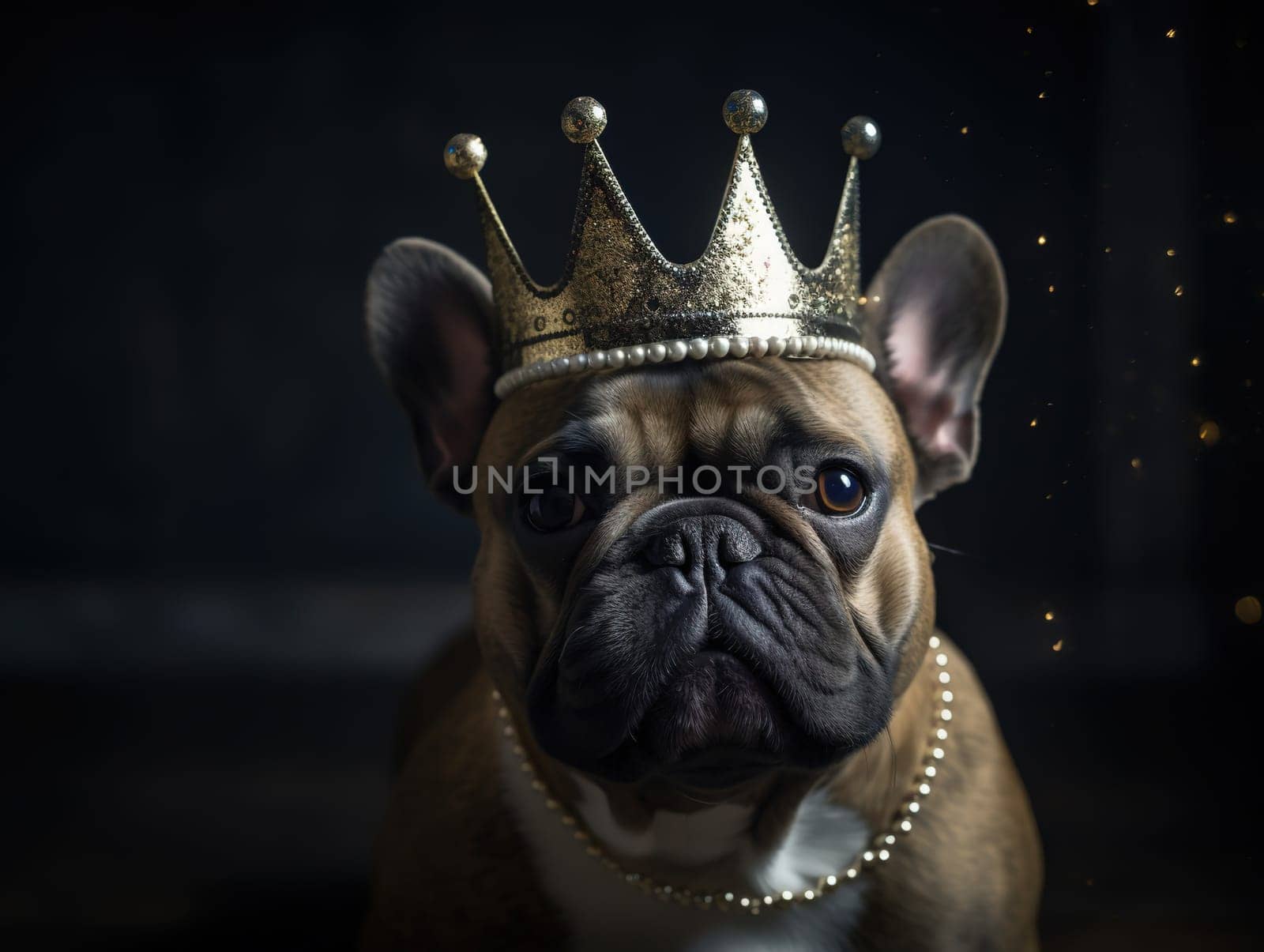 Dog In Carnival Crown Sits On Blurred Background Of Living Room