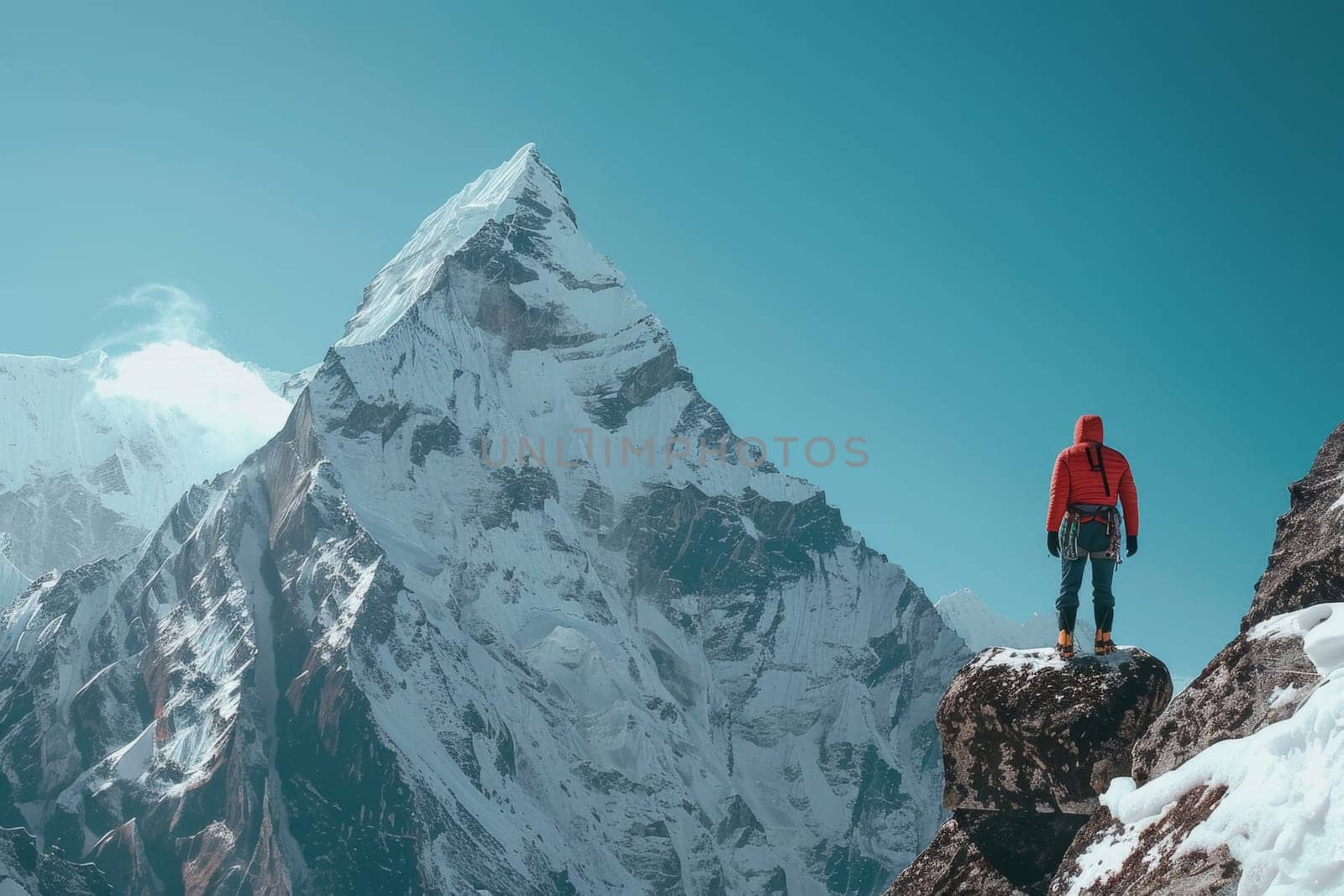 A lone adventurer in a red jacket stands facing the majestic peak of a snow-capped mountain, epitomizing the challenge of the ascent.