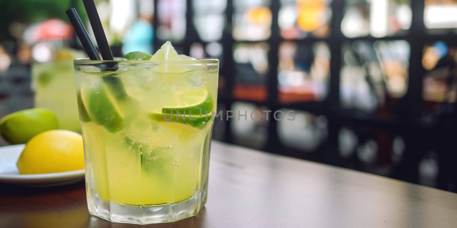 Green cocktail with lime on a bar counter with blurred background