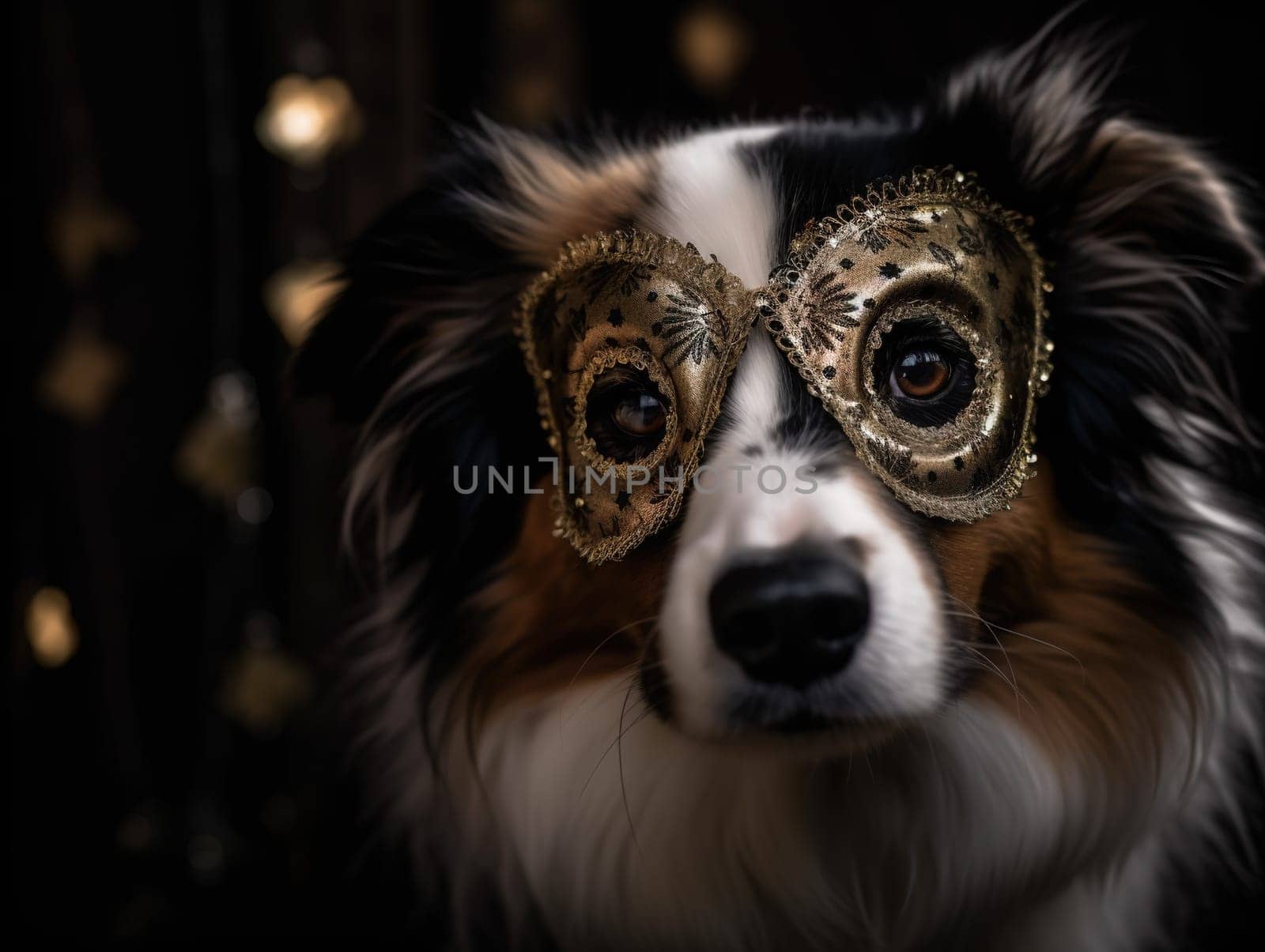 Carnival Mask-Wearing Dog Sits Against Blurred Living Room Background