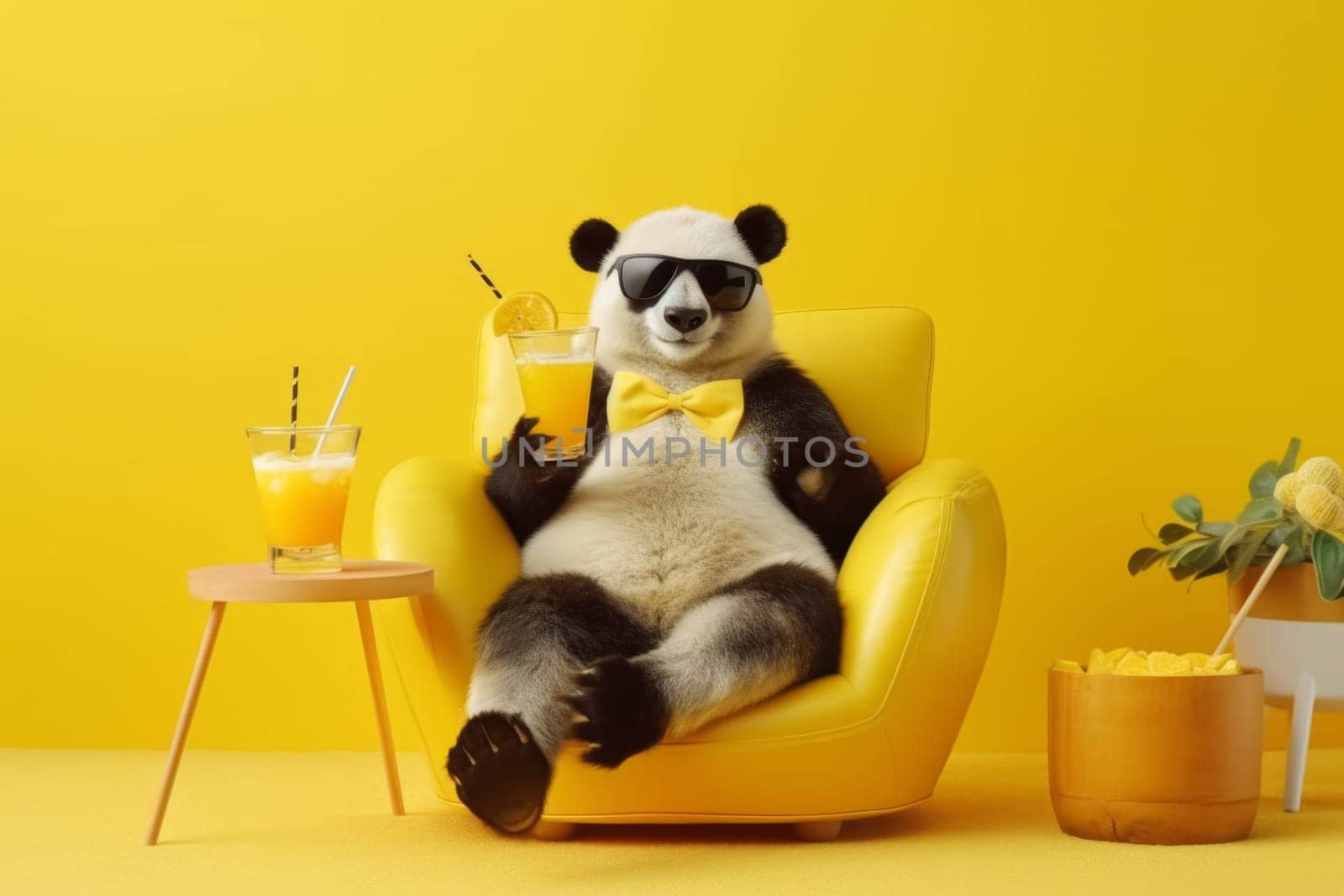A laid-back panda in sunglasses and bowtie relaxing on a yellow chair with refreshing drinks, embodying leisure and summertime vibes